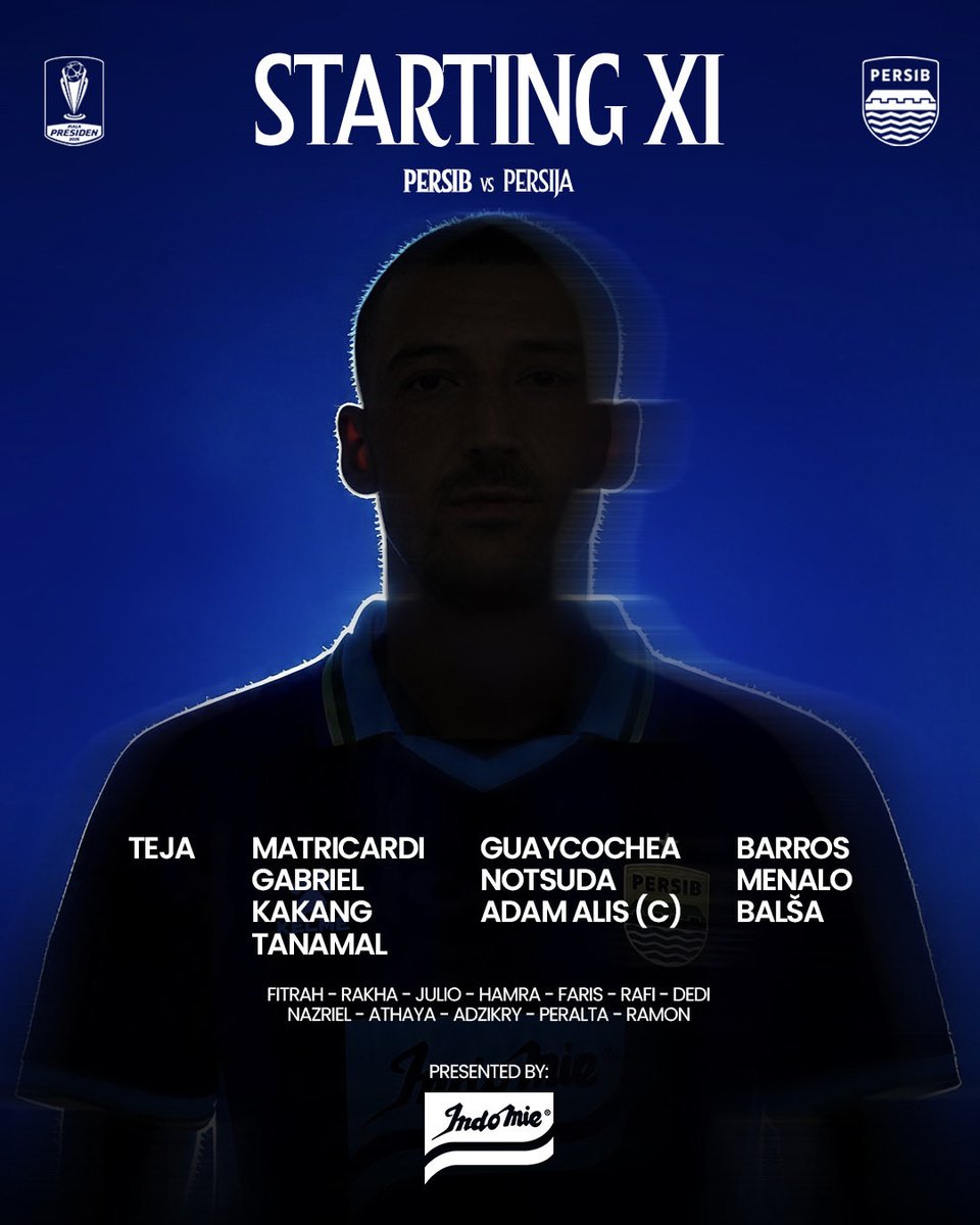 persib's tweet photo. Sebelas pertama #PERSIB yang akan berjuang pada laga Semifinal #PialaPresidenElite2026  menghadapi Persija Jakarta sore ini. 

Tunjukan taringmu, gow gaskeun!👊

Supported by @indofood 

#PERSIBDAY https://t.co/1zK7nEXQWi