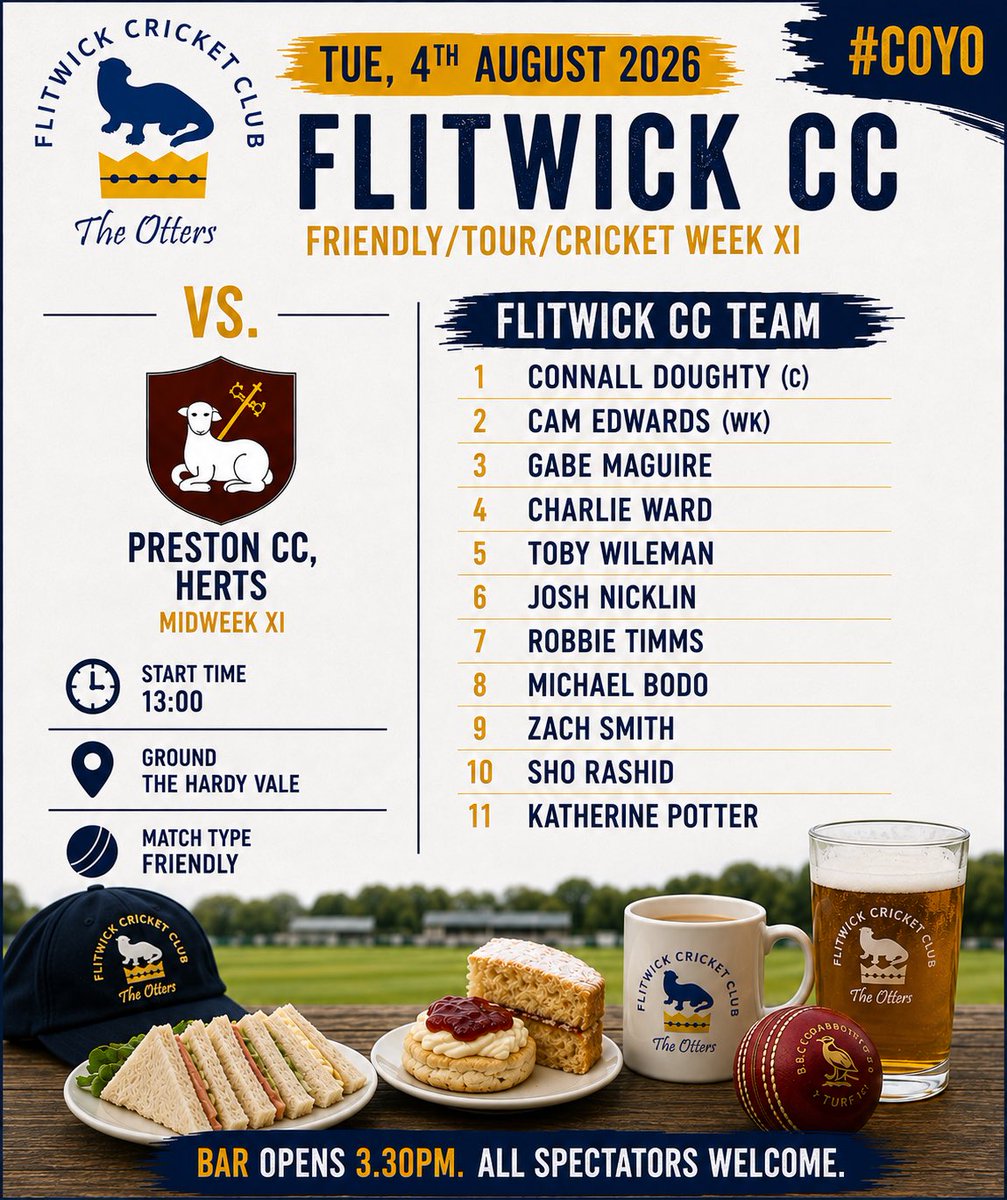 FlitwickCC's tweet photo. Cricket Week starts today - @sean_nicklin not slept all night with excitement!

Today we welcome @PrestonHertsCC to THV. Should be plenty of fine cricket to enjoy. Bar opens from 3.30pm, so come along after work (teachers exempt!)

Spectators welcome

#COYO 🏏🍺 🦦 https://t.co/f9z9hstH5o