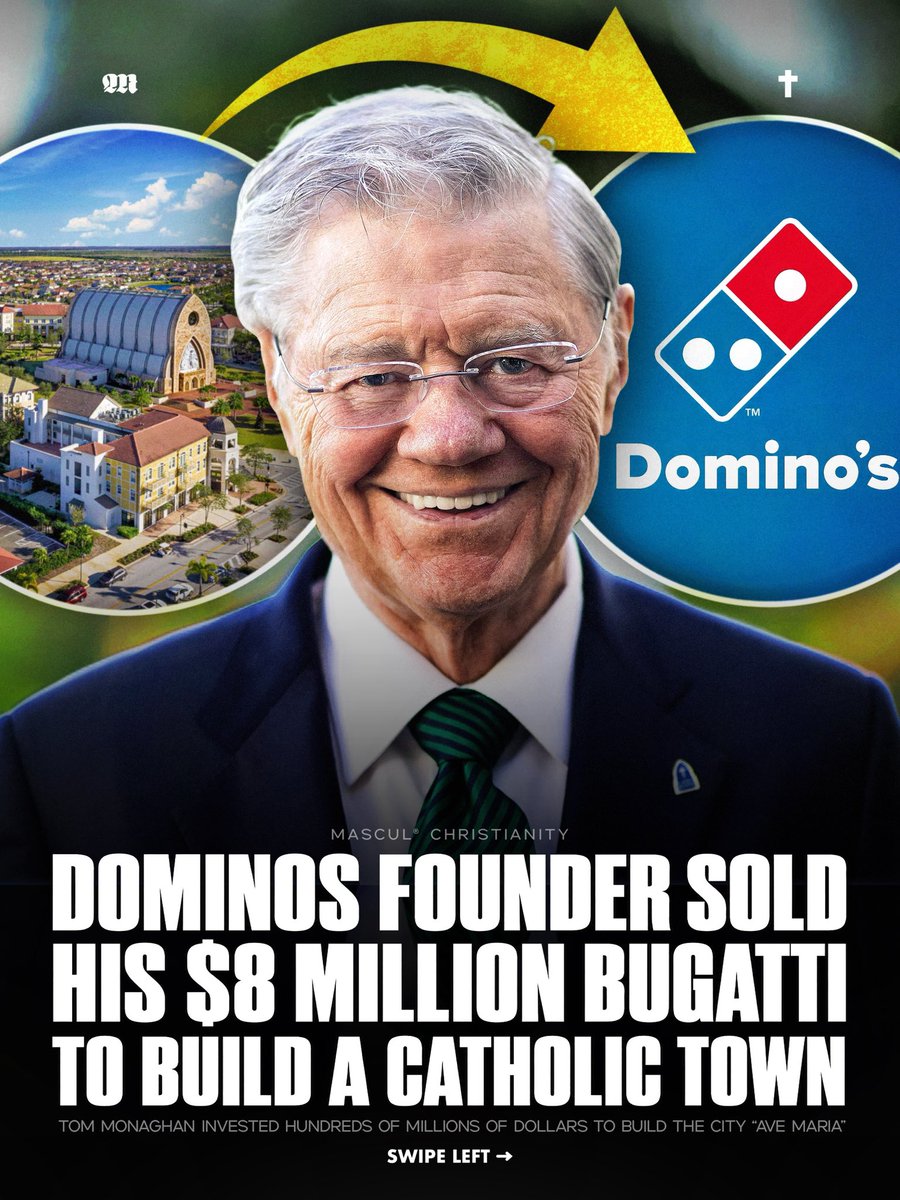 masculchristian's tweet photo. #DominosPizza founder #TomMonaghan gave up much of his luxurious lifestyle, sold his $8.1 million #Bugatti, and invested hundreds of millions of #dollars to #build the #CatholicTown of #AveMaria in #Florida. https://t.co/OPhMpzoMvK