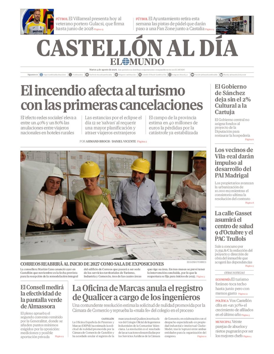 ximogorriz's tweet photo. Hoy martes 4 de agosto en las #portadasdeCastellón, #IFLaVallDUixó #mecherazo #causas #Eclipse2026 #atascos @camaracastellon @QualicerCongres @IndustrialesCV #migrantes @VillarrealCF #Castalia #Correos @CanoMarian #Almassora #Altura @ajvila @GVAdepsalutcs #turismo @AjuntCastello https://t.co/qvFNCwiFbr