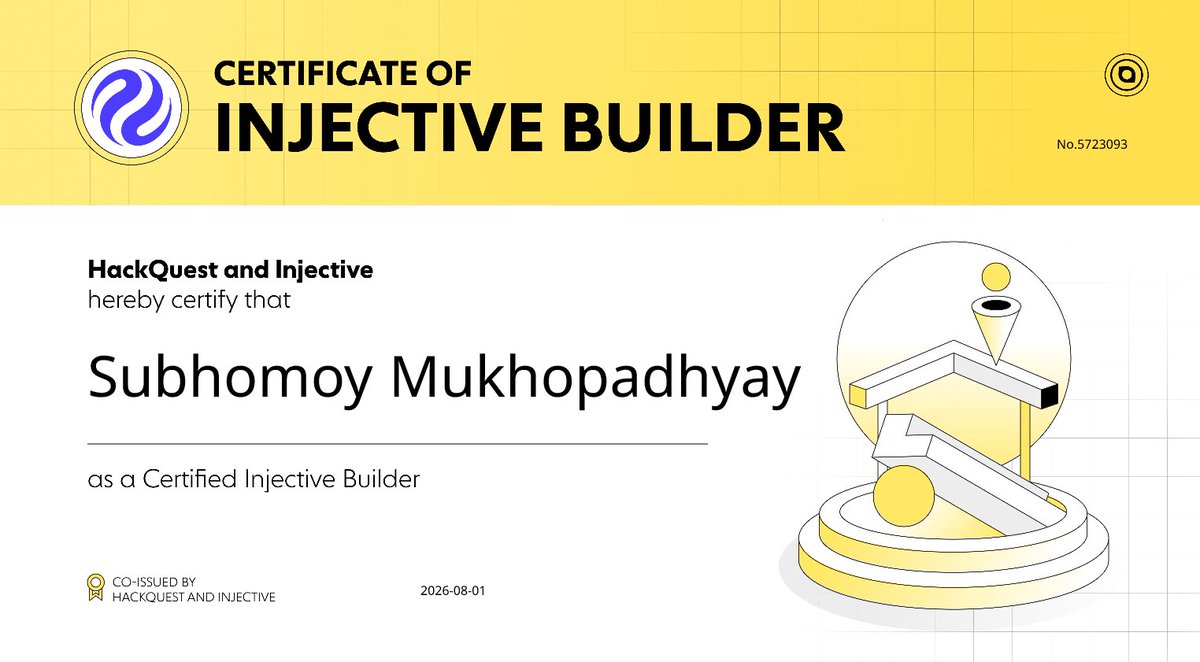 Subhomoy77's tweet photo. Leveled up! ⚡️ Officially certified as an Injective Builder through @hackquest_ Co-Learning Camp 22. 🎓

Ready to leverage @Injective's high-speed, interoperable infrastructure for my next Web3 project. Onward and upward! 🚀🧱

#Injective #INJ #HackQuest #Web3 https://t.co/Hvcu0i9aeX