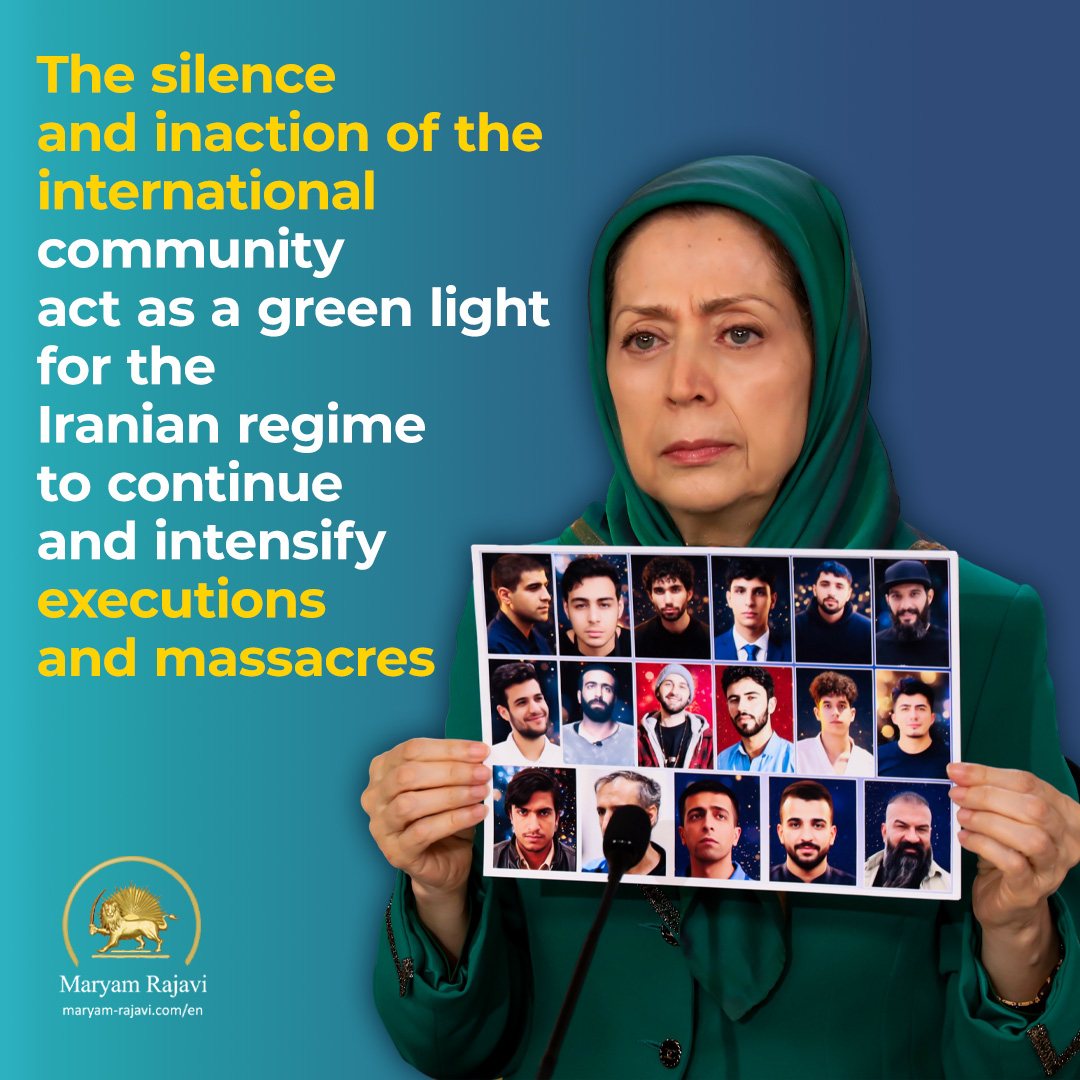 Maryam_Rajavi's tweet photo. While the political executions of recent months in Iran have deeply shocked and outraged the global public, world governments have remained silent. 
Regrettably, for decades, the international community has shielded the Iranian regime and its leaders from accountability, granting them systematic impunity for their crimes.
