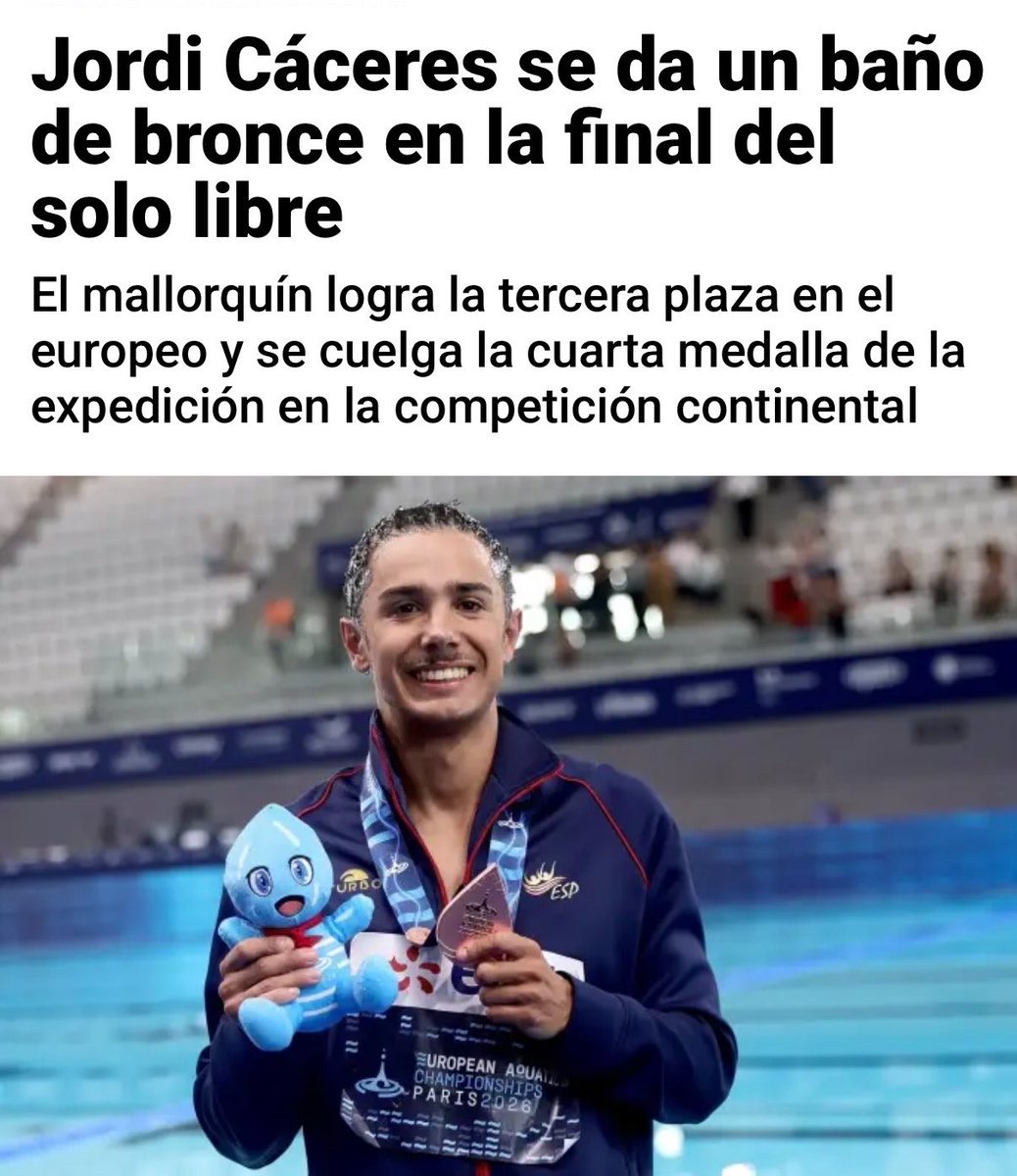Ll_Galmes's tweet photo. Enhorabona, Jordi Cáceres, per aquesta nova fita! 🥉

El teu bronze als Campionats d'Europa de París és un orgull per a Mallorca i un nou exemple del talent, l'esforç i la dedicació que hi ha darrere cada èxit esportiu.

Amb aquesta quarta medalla per a la selecció espanyola de natació artística @RFEN_Oficial , continues fent història i demostrant que no hi ha límits quan hi ha constància i passió pel que fas.

https://t.co/dbxSxvlLwe