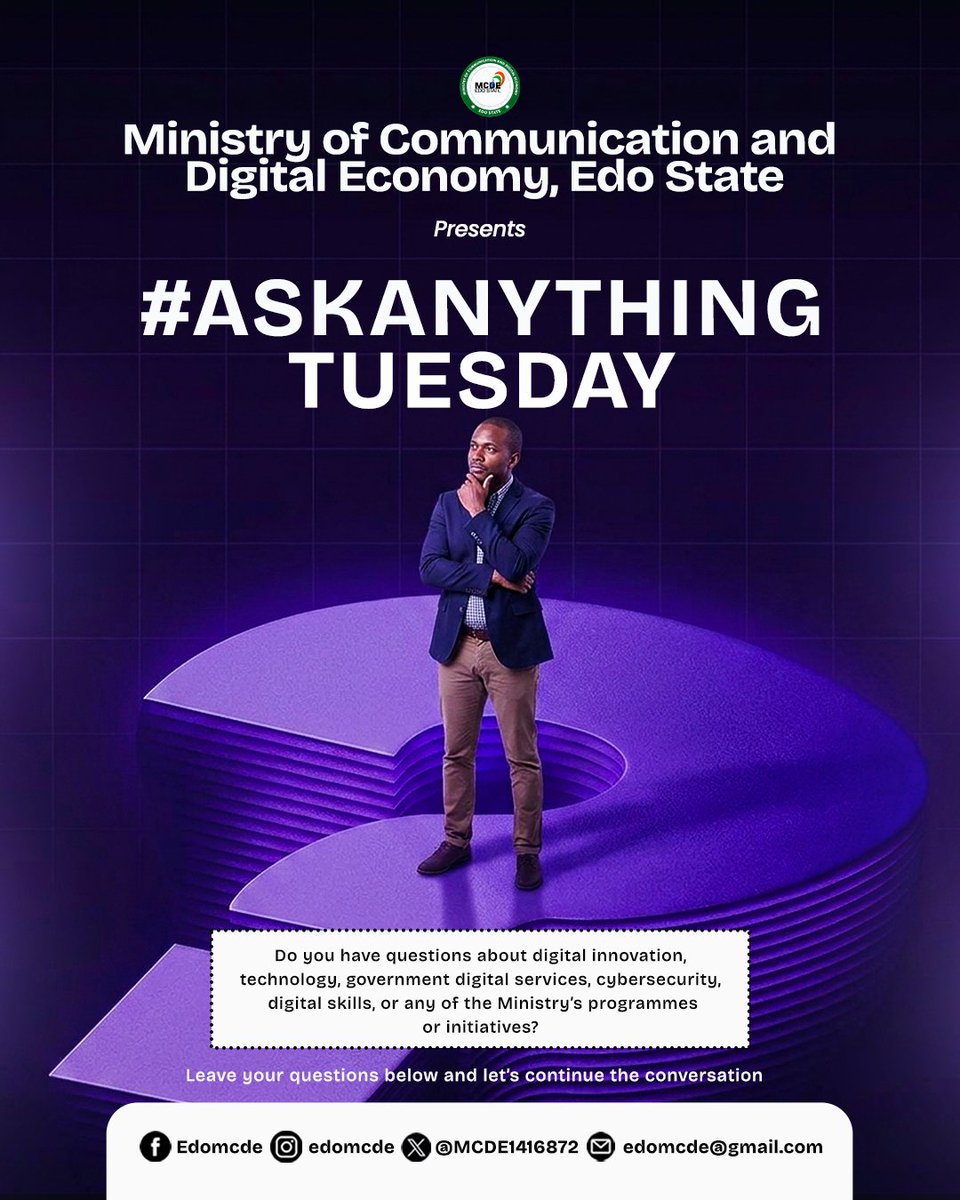 MCDE1416872's tweet photo. It's #AskAnythingTuesday!

Have questions about technology, cybersecurity, digital skills, digital innovation, or the Ministry's initiatives?

Drop your questions below, and we'll respond.

#AskAnythingTuesday #MCDEEdo #DigitalTransformation https://t.co/7ltUvX0Xig