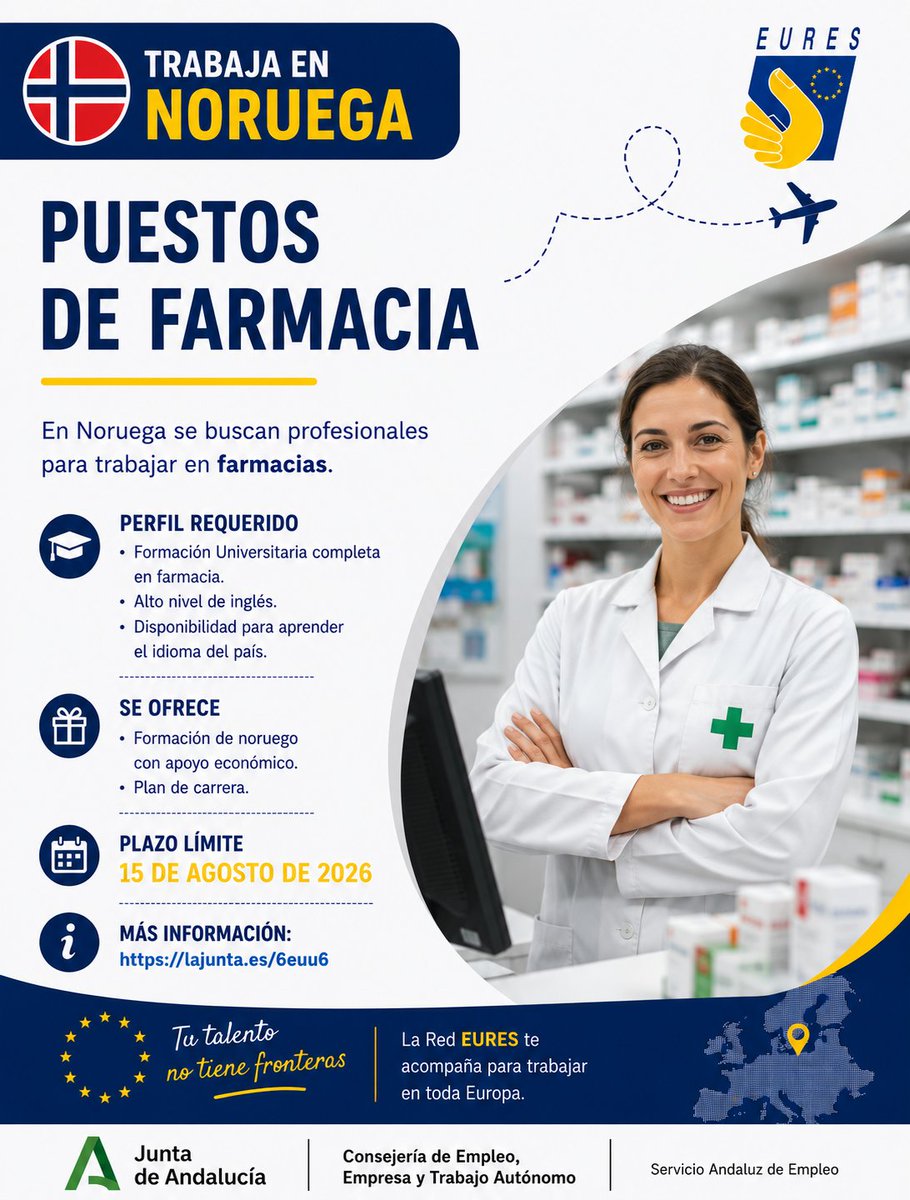 SAEmpleo's tweet photo. 🇳🇴💊 Proceso de selección para cubrir puestos de farmacia en Noruega.
🎓 Grado en Farmacia
🗣 Alto nivel de inglés
🇳🇴 Formación de noruego con apoyo económico
📈 Plan de carrera
📅 Solicitudes hasta 15/08/26.
🔗 https://t.co/6JjnU5gLi8
#EURES #SAE #Farmacia #Noruega #Empleo https://t.co/GJFY17k8b4