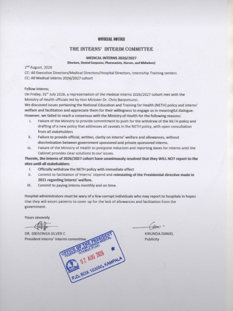 DrAggrey13_Ug's tweet photo. The decision by Uganda’s medical interns to withhold reporting is more than an industrial action—it is a reflection of deeper cracks in our health workforce governance. Interns are not asking for privilege; they are asking for clarity, fairness, and the facilitation necessary to serve patients with dignity. 

A health system cannot demand excellence while neglecting those at the frontline of care. I urge all parties to return to the table with urgency, good faith, and mutual respect. The greatest casualty of prolonged deadlock will not be government or the interns—it will be the ordinary Ugandan patient. Investing in healthcare begins with investing in the people who deliver it. @CHRISBARYOMUNS1 @MinofHealthUG