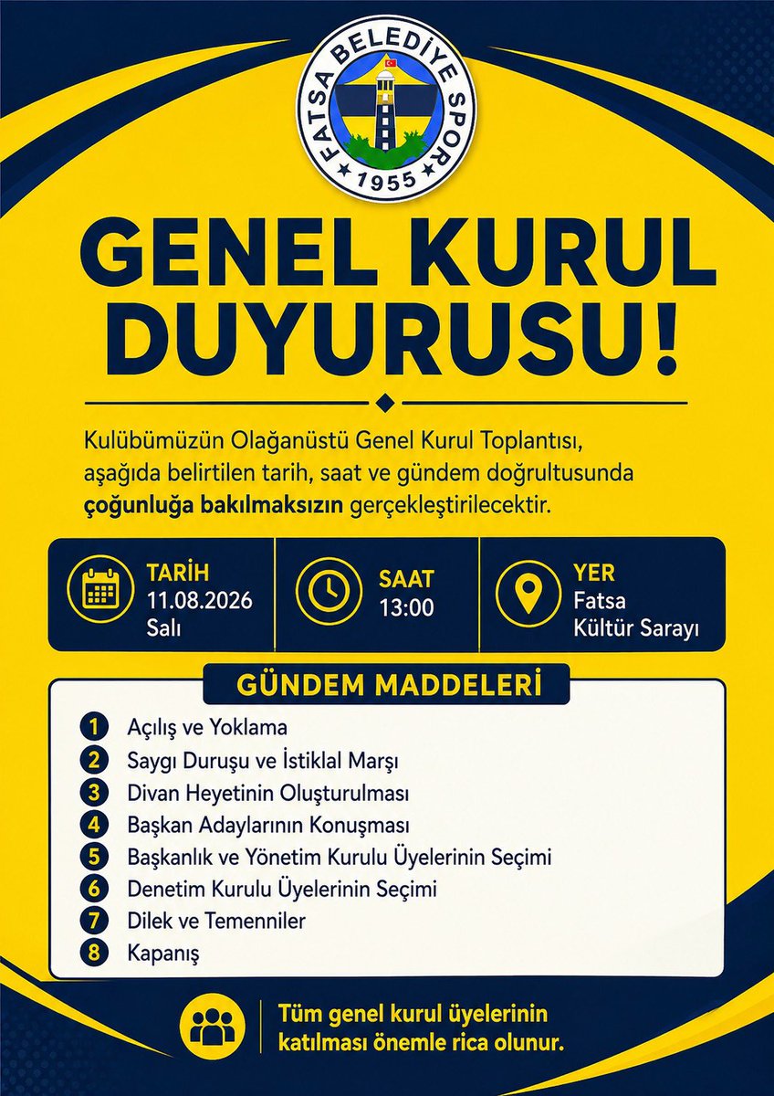 ordununsporu's tweet photo. Fatsa Belediyespor, genel kurul kararı aldı. Sarı lacivertliler, 11 Ağustos’ta çoğunluğa bakılmaksızın kongre gerçekleştirecek. Bir başkan adayı tek listeyle seçime girecek. https://t.co/oQWCRTuqKX