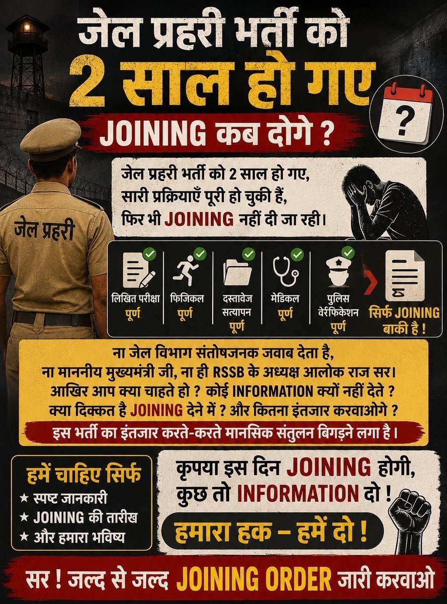 SarpotaJan77661's tweet photo. महोदय मुख्य सचिव जी@svoruganti1466 
जेल प्रहरी भर्ती2024 पिछले 1.5 साल से प्रक्रियाधीन ही है कृपया संज्ञान लेवे
#जेल_प्रहरी_नियुक्ति_दो 
#jail_parhari_joining_date_release 
@BhajanlalBjp 
@RajCMO 
@PoliceRajasthan @parasjani90 https://t.co/JR3PrvvB7l