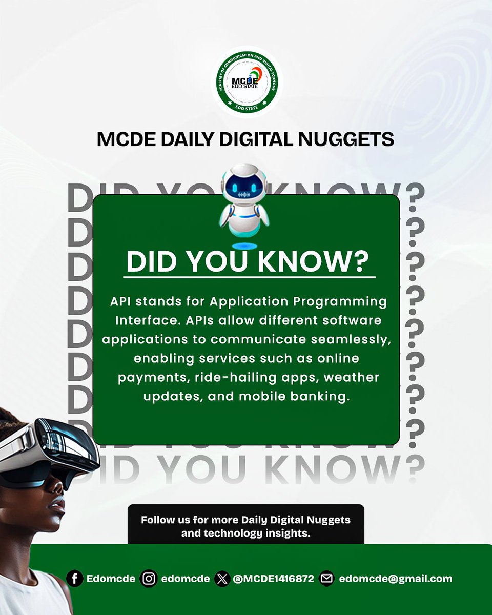 MCDE1416872's tweet photo. #MCDEDailyDigitalNuggets
APIs (Application Programming Interfaces) enable different software applications to communicate seamlessly, powering services like mobile banking, online payments, ride-hailing, and weather updates.
Small technology. Big impact.
#MCDEEdo https://t.co/WgjAcWnakX