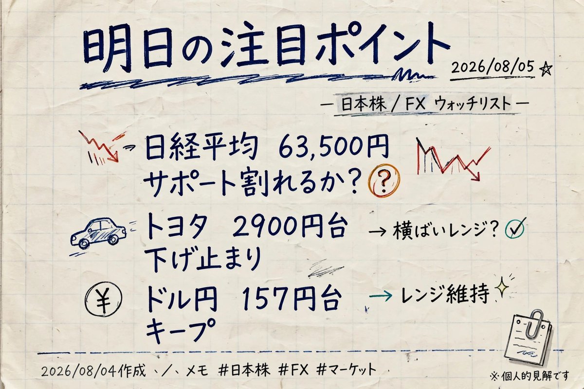 TokyoEquityJP's tweet photo. 明日の注目ポイント
・日経 63,500円割れるか？割れなければ押し目
・トヨタ 2,900円台で下げ止まるか
・ドル円 157円台キープできるか
今日みたいに朝高→円高で垂れるパターン、最近多いから寄り天注意でいこう https://t.co/CjJtlBm6UV