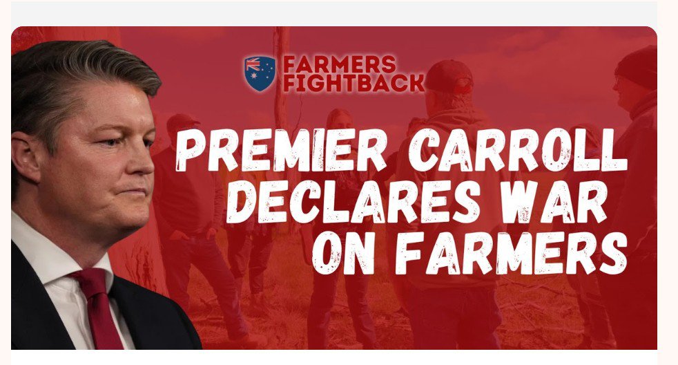 JimThom90458694's tweet photo. New Victorian Premier Carroll has declared war on farmers. 🚨

Just days into office, the new Premier and Minister for Energy Jaclyn Symes continue the targeting of Aussie farmers!

Lily D’Ambrosio is gone but her system of intimidation is stronger than ever.

The Victorian Government has just issued up to 12 fines of $814 to Aussie farmers. Simply for refusing Government contractors on their land.

They even fined a farmer who was simply trying to protect his lambs during a critical stage of lambing season.

What is worse: he did everything by the book. He even sent them a letter beforehand, which the officer admitted he had not read!

We have the whole thing on camera. 🎥

This is what now passes as an offence in Australia. Saying no, on your own land, in the middle of the most critical period of the farming year. 💀

But before you read the whole story: take 10 seconds to demand Premier Carroll stops targeting farmers.

He must know that we will not stop until Aussie farmers are safe.

DEMAND THE PREMIER STOPS →
Here is what actually happened. 👇

Does this deserve a fine? 

No farmers = no food.

In the Victorian election.
Vote One Nation.