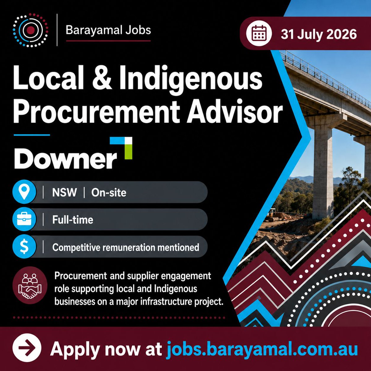 Barayamal3's tweet photo. New First Nations engagement, procurement and cultural heritage roles are live on Barayamal Jobs.

Swipe through opportunities with Downer, The Salvation Army and Wadawurrung Traditional Owners Aboriginal Corporation.

Explore the roles and apply:
https://t.co/5AL1qjJ94k https://t.co/OfGWdtkE0h
