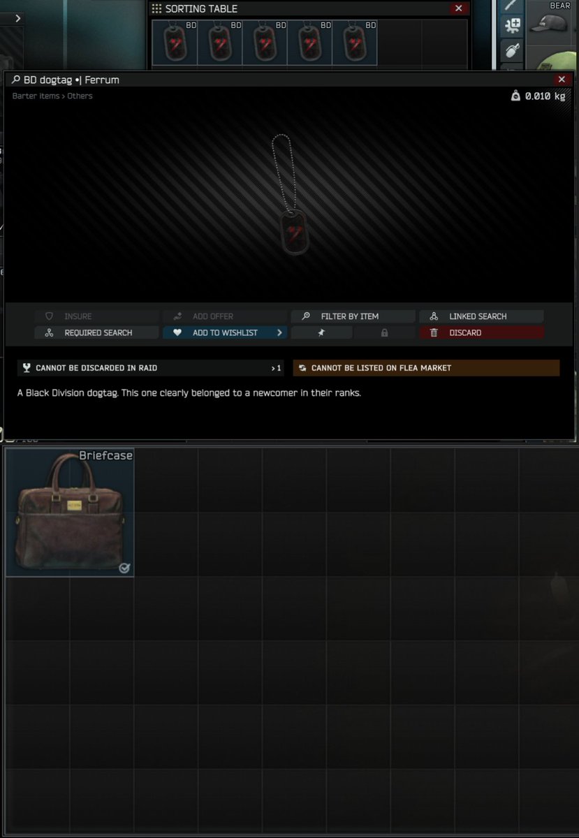 VeryBadSCAVR's tweet photo. The new BD dogtags have three variation Ferrum / Green / Red, according to Black Division Member Tier. (image 1)

You'll get 5 of Ferrum (image 2) from these codes

6NU9-UFK1-W2TX-89RW-M96B
6NU9-W2TX-UFK1-89RW-M96B
UFK1-6NU9-W2TX-89RW-M96B
UFK1-W2TX-6NU9-89RW-M96B
W2TX-UFK1-6NU9-89RW-M96B

which can be sacrificed to Cultist circle for Briefcase that provides number of Battlepass documents. (image 2)

These dogtags can also spawn from BDs in raids, such as icebreaker BDs can spawn these in (image 3)

There are also battlepass unlocked barters where you use the BD dogtags. (image 4)