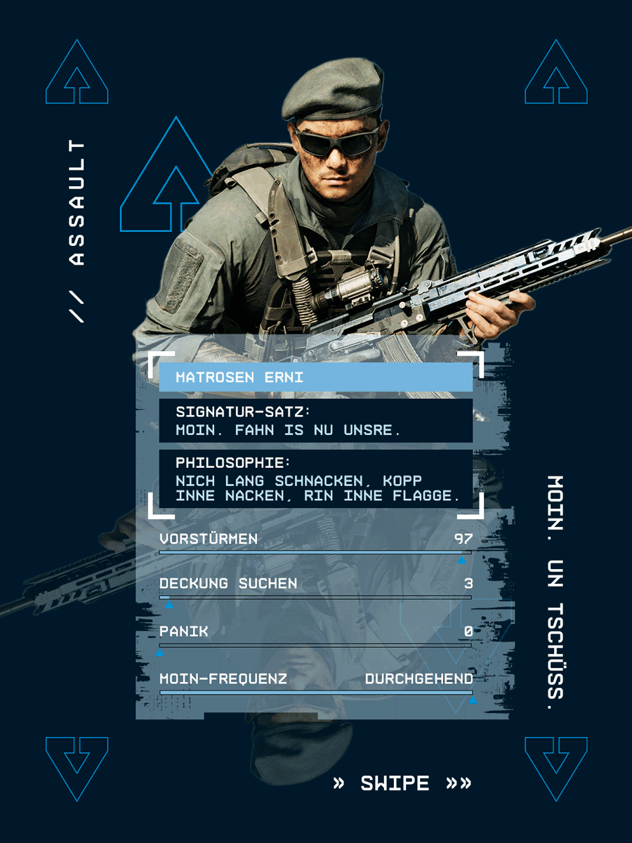 BattlefieldEADE's tweet photo. Vier Nordlichter, eine Mission, null Gesabbel. 😤

Welcher von den vieren bist du im Teamplay? Erni, Harry, Fred - oder der Käpten mit mehr Patenten als Kills? https://t.co/YUo6s7D1GR