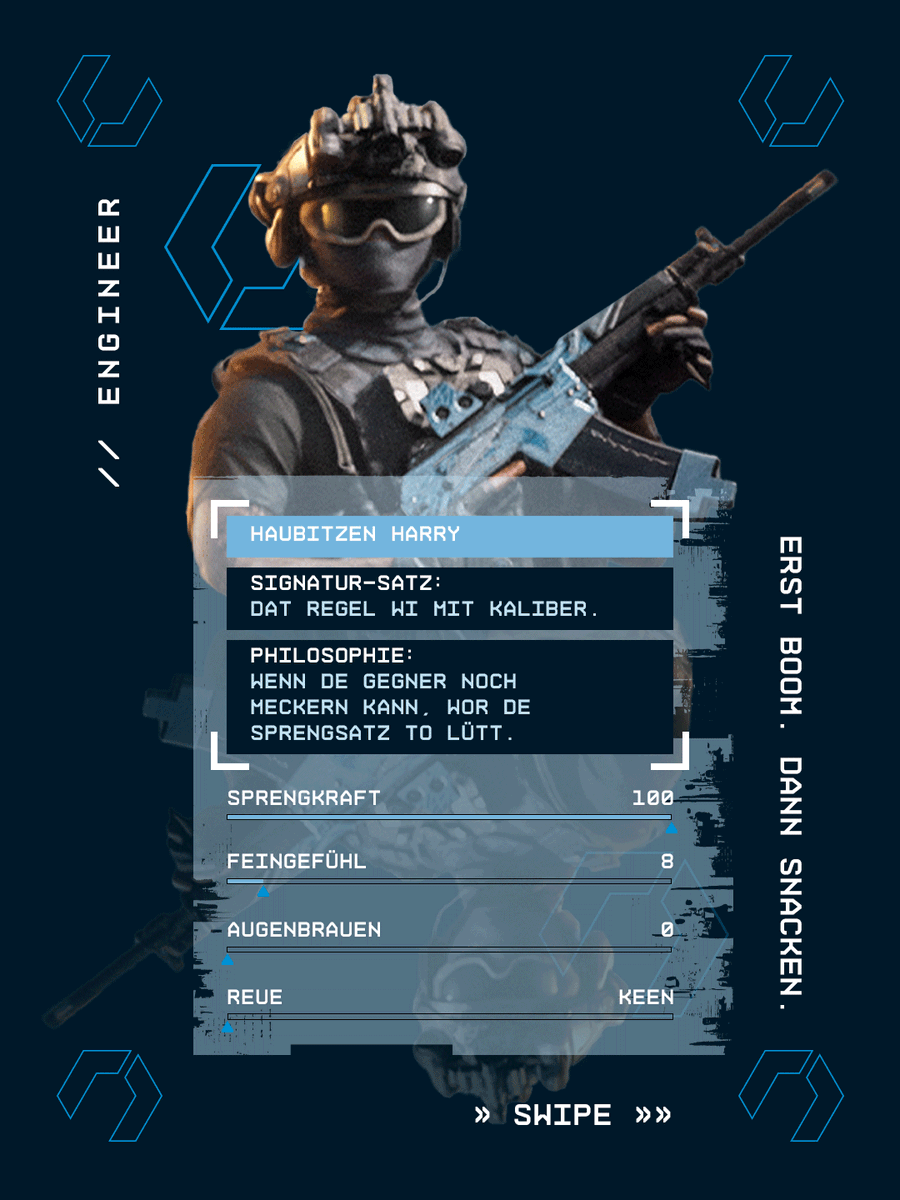 BattlefieldEADE's tweet photo. Vier Nordlichter, eine Mission, null Gesabbel. 😤

Welcher von den vieren bist du im Teamplay? Erni, Harry, Fred - oder der Käpten mit mehr Patenten als Kills? https://t.co/YUo6s7D1GR