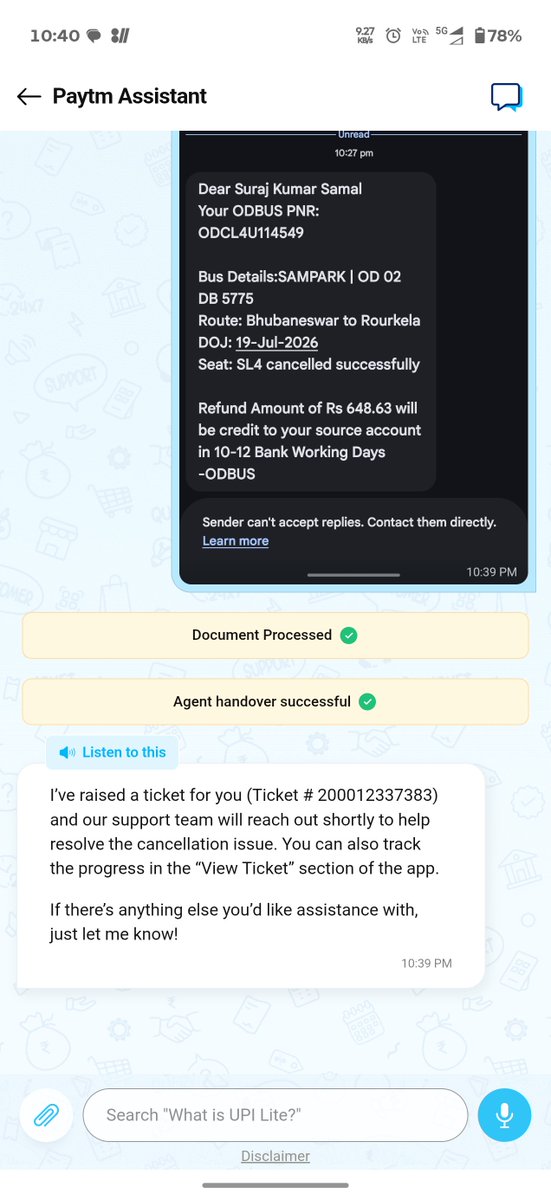TheSurajKumar23's tweet photo. Booked a bus via @PaytmCare/@Paytm. Operator cancelled my ticket on 19 Jul without any SMS/email. I found out only after boarding and had to buy another ticket. It's 4 Aug—still no refund or response. Please resolve this ASAP. #Paytm #Refund #CustomerService 
@PaytmCheckin https://t.co/9u6NpDWLcD