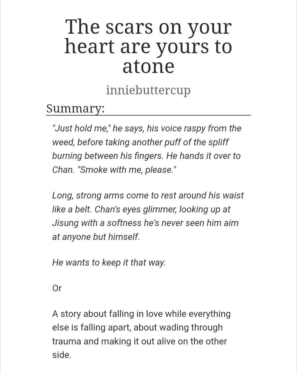 inniebuttercup's tweet photo. ★ CHAPTER 12 IS OUT ★

The scars on your heart are yours to atone
★ rated E
★ chnsng+jngbn
★ 6.3 k, 12/? chapters
★ sibling incest, smut, trauma (so much trauma), heavy angst with happy ending
★ read the warnings and tags! https://t.co/pub8Ivnaq5