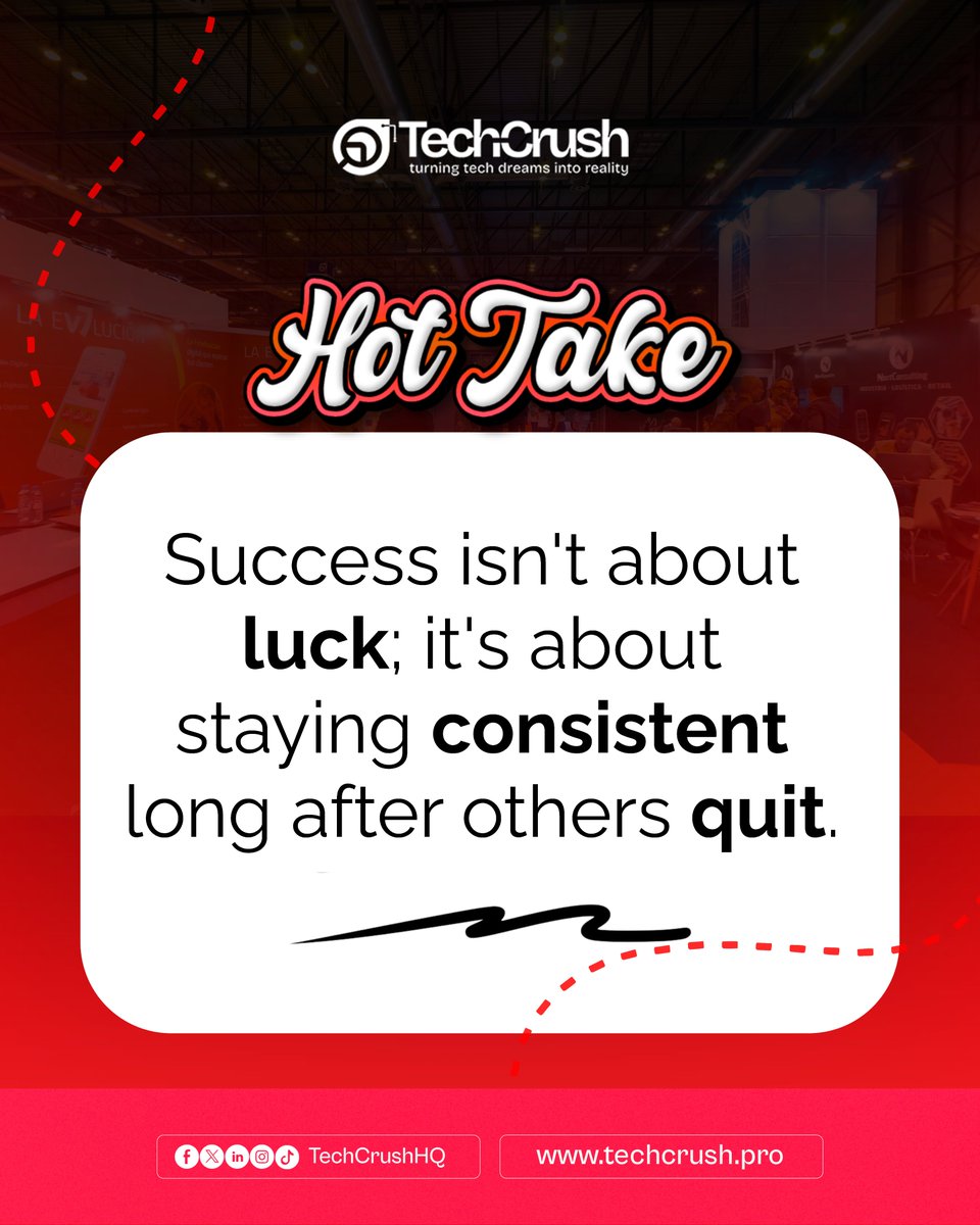TechCrushHQ's tweet photo. There is no overnight success; it takes the small choices you make on a daily basis.

While everyone else quits at the slightest inconvenience, continue learning, continue building, and continue showing up. 

While consistency may not always be the most thrilling approach, it's the one that helps potential become reality.

The breakthrough may be just around the corner. 
#TechCrush #hottake