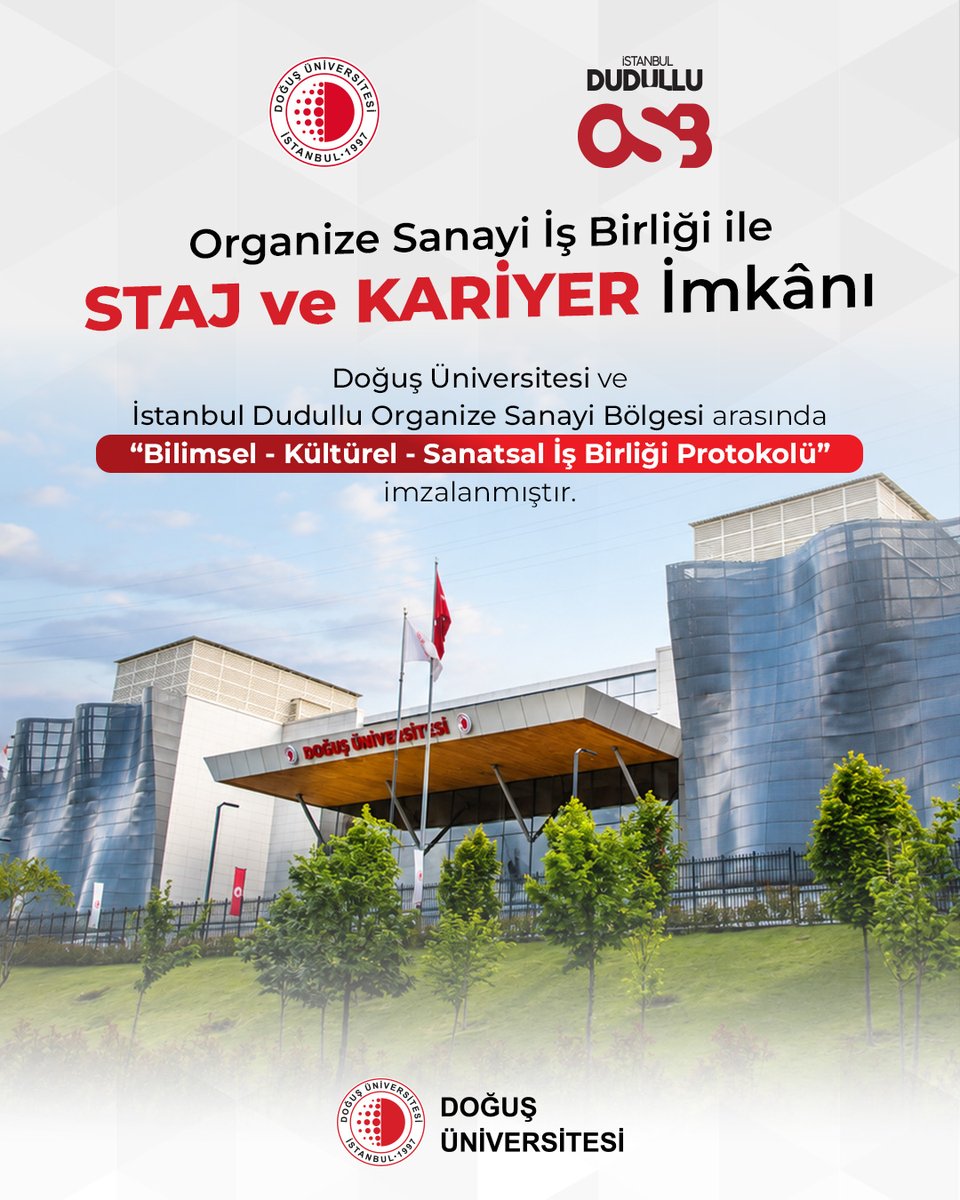 DogusUniv's tweet photo. Dudullu Organize Sanayi Bölgesi ile gerçekleştirdiğimiz iş birliği sayesinde öğrencilerimize staj ve kariyer olanakları sunuyoruz!

Üniversite-sanayi iş birliğini güçlendiren bu protokolle öğrencilerimizin eğitim hayatları boyunca sektörle buluşmalarını, mesleki deneyim kazanmalarını ve kariyerlerini daha sağlam adımlarla planlamalarını destekliyoruz. 

Sen de 10 Ağustos’a kadar devam eden Tercih ve Tanıtım Günlerimiz kapsamında kampüslerimizi ziyaret ederek staj ve kariyer fırsatlarını yakından keşfedebilirsin!

#DoğuşÜniversitesi #TercihVeTanıtımGünleri #KampüstenKariyere #ÜniversiteSanayiİşBirliği #BurasıSeninDoğuşun
