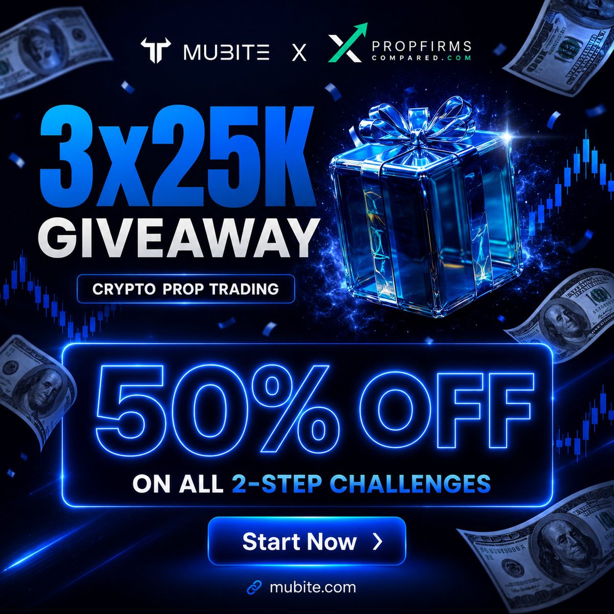 PropFirmsCmpd's tweet photo. 🚨GIVEAWAY ALERT🚨

3 X 25k Mubite accounts giveaway !

1. Follow @PropFirmsCmpd @MUBITE_COM and @andreascrypto_ 
2. Like and Retweet 
3. Tag 4 friends 

Winners will be announced in 5 days, good luck !

Get 50% off on all 2 step accounts for limited time! https://t.co/EeF0FUsaYt