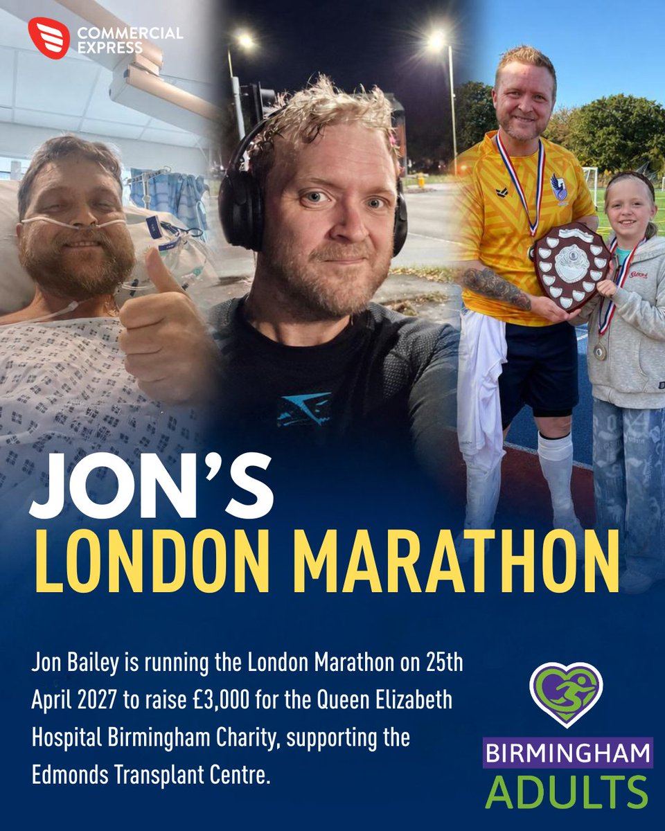 CommercialExp's tweet photo. A marathon with real meaning. Proudly sponsored by CE, Birmingham Adult Transplant Sport Team member Jon Bailey will run the 2027 London Marathon after receiving a life-saving liver transplant in 2021. Help him raise £3,000 for QEHB Charity: https://t.co/p6EEpDr1zx ❤️ https://t.co/ADgWIFVtWl