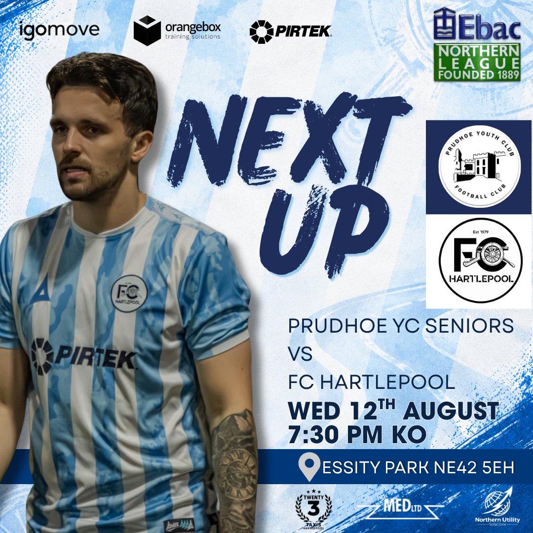 FC_Hartlepool's tweet photo. 🔴 NEXT UP | PRUDHOE YC SENIORS
Another away trip awaits as FC Hartlepool travel to Prudhoe YC Seniors.

🏆 Northern League Division Two
📅 Wed 12th August
⌚️ 7:30pm KO
📍 Essity Park

#UTFC #FCHartlepool #NorthernLeague

Orangebox Training Solutions Limited
igomove
Pirtek Cleveland
northernutilitysolutions
Mains Electrical Distributors Ltd
23 Taxis
Josh Scott Coaching 
Wilson’s Carpet & Cleaning Services
