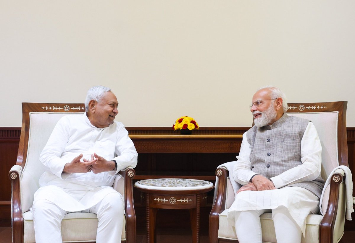 PMOIndia's tweet photo. Rajya Sabha MP Shri @NitishKumar Ji met PM @narendramodi earlier today. https://t.co/46tXIpvCtr
