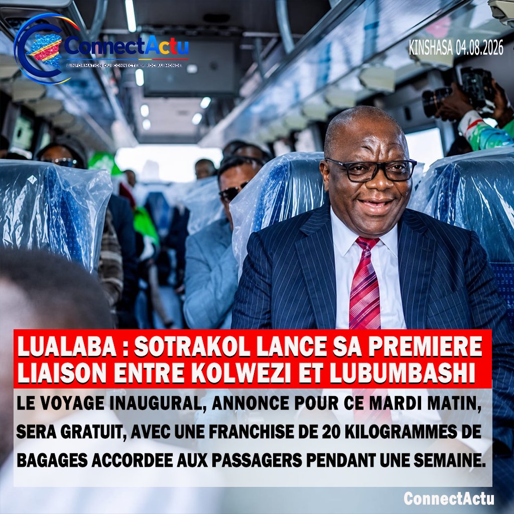 ConnectActu's tweet photo. SOTRAKOL lance ce mardi sa première liaison entre Kolwezi et Lubumbashi. Le voyage inaugural est annoncé gratuit, avec 20 kg de bagages également gratuits pendant une semaine.

Un nouveau service attendu sur un axe économique stratégique du Grand Katanga.
Lire l'article https://t.co/b7eyqWHrIx