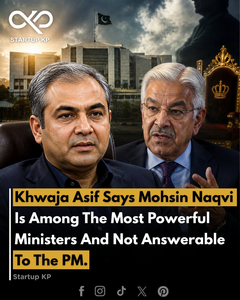 theStartupkp's tweet photo. Pakistan's Defence Minister Khawaja Asif has made remarks regarding Federal Interior Minister Mohsin Naqvi, describing him as one of the country's most influential ministers and suggesting that he operates with significant authority. 

#thestartupkp #PakistanPolitics #KhawajaAsif https://t.co/tTqdZn36U4
