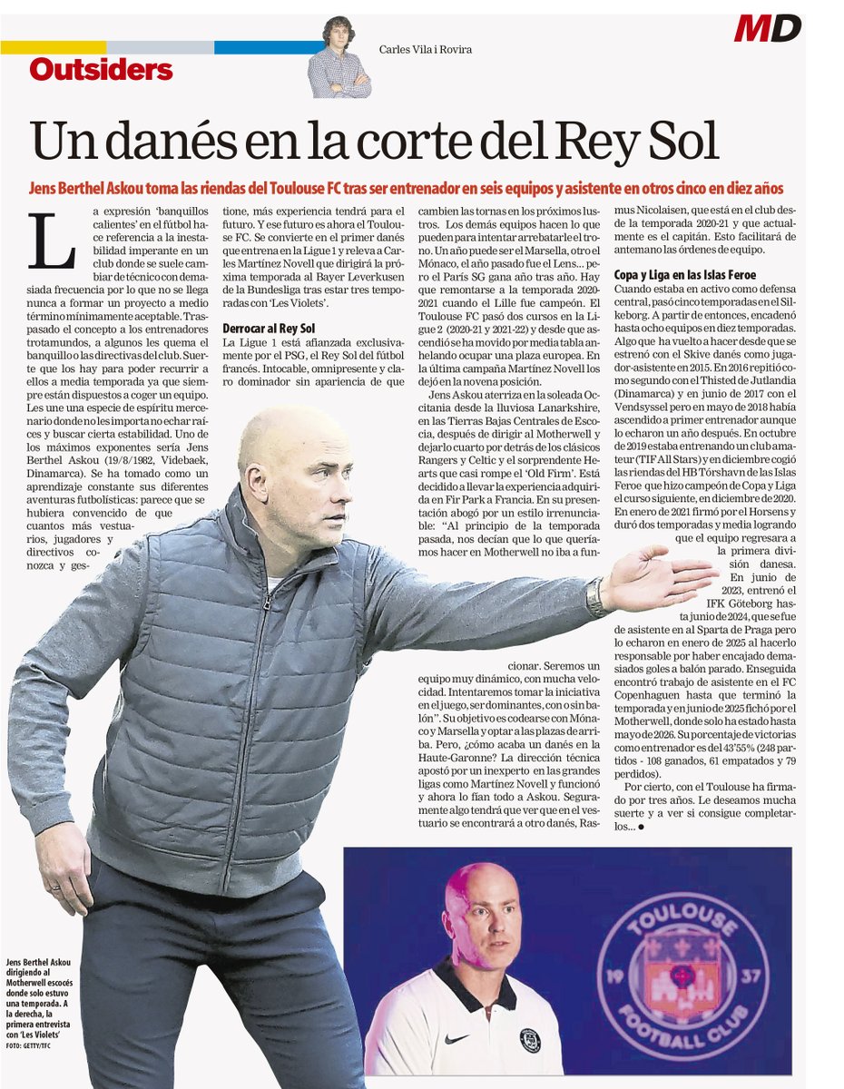 OutsidersStory's tweet photo. OUTSIDERS #251 en papel y web de @mundodeportivo 
Un danés en la corte del Rey Sol.
Jens Berthel Askou toma las riendas del Toulouse FC tras ser entrenador en seis equipos y asistente en otros cinco en diez años.
https://t.co/m32CvQQw6F https://t.co/Sm3o2A8BAF