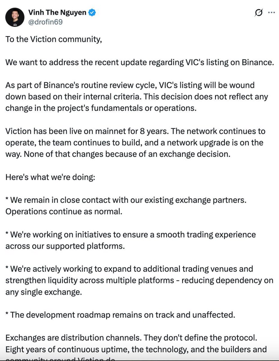 trhonbtc's tweet photo. Theo ý của sếp Vinh @drofin69 thì việc $VIC bị delist khỏi Binance chỉ là chuyện bình thường, sắp tới dự án sẽ mở rộng ra thêm các sàn khác, khả năng cao là sàn trong nước như #SCEX hay #CAEX
Ngoài ra dự án mình thấy vẫn update và lộ trình khá chuẩn trong thời gian sắp tới, theo kinh nghiệm nhiều năm thì mình thấy đây là dự án build hẳn hoi
Còn việc sau này dự án có ra sao thì mình không chắc vì ko ai nói trước được điều gì, vì dẫu sao @BuildOnViction đã làm rất tốt
Chúc dự án đại thắng và không làm buồn lòng người ủng hộ nước nhà!