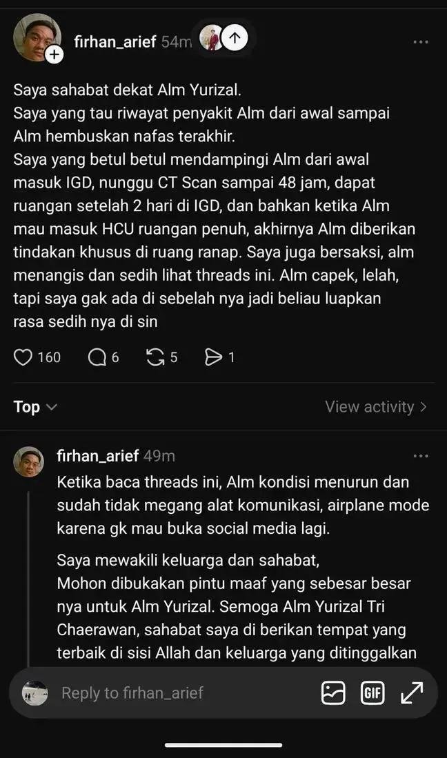 cenblubaik's tweet photo. Setelah baca kesaksian sahabat dekat alm. Yurizal, nyesek bgtt rasanya 😭
Alm capek, lelah jadi beliau luapkan rasa sedihnya di sosmed. 

Waktu baca semua hate komen, kondisi alm menurun & sudah tidak pegang alat komunikasi, airplane mode karena gk mau buka social media lagi 😭

Dilihat dari beberapa post terakhirnya, he was struggling loh.
"Pengen tidur nyenyak"
"Ya Allah sampe kapan ya ini"  😭

Komen2 jahat bikin kondisi alm tambah drop😭

Deep condolences buat alm Yurizal🥀