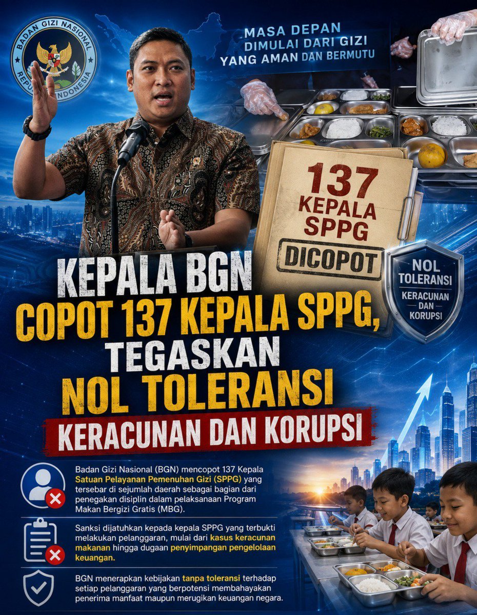 kaarelion's tweet photo. BGN buktiin transparansi bukan cuma slogan, 137 Kepala SPPG diganti sebagai bagian evaluasi Program MBG #LanjutkanMBG https://t.co/2bZ9fnrd4g