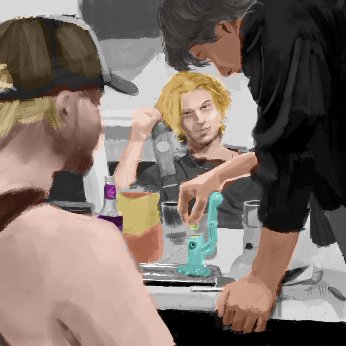 NicholasPhilpo7's tweet photo. Wip of a piece from a while back. Might pick it up again soon. It's based on an old pic I took of me and my buddies in college. RIP Andy (the guy in the hat)
#art #painting #WIP #digitalartㅤㅤㅤㅤ #krita #artistsoftwitter https://t.co/0Q0iSeWEaA