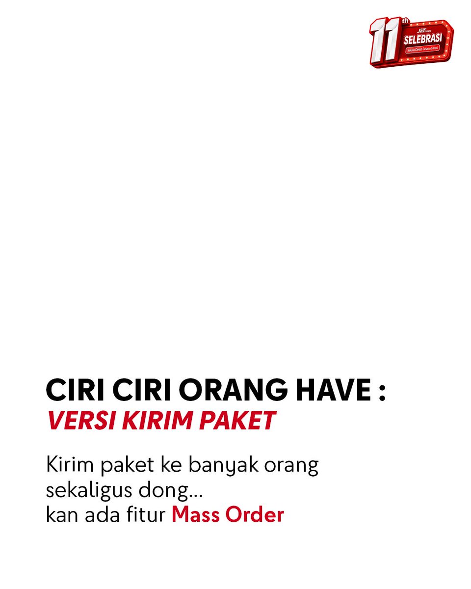 jntexpressid's tweet photo. Orang have tuh gak flexing...
tapiii mereka diem-diem udah pake aplikasi J&T Express 🤭🤭

📦 Pick-up paket ? Tinggal klik
💸 Diskon ongkir? Pasti ada dongg
📋 Kirim paket ke banyak alamat? Pakai Mass Order

Karena yang #PalingPraktis cuma ada di aplikasi J&T Express. 📦

#jntexpressid #jntdekatdihati #Selebrasi11TahunJNT