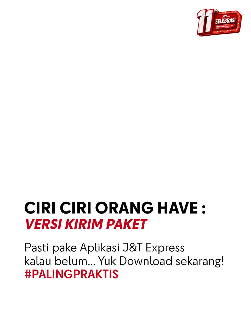 jntexpressid's tweet photo. Orang have tuh gak flexing...
tapiii mereka diem-diem udah pake aplikasi J&T Express 🤭🤭

📦 Pick-up paket ? Tinggal klik
💸 Diskon ongkir? Pasti ada dongg
📋 Kirim paket ke banyak alamat? Pakai Mass Order

Karena yang #PalingPraktis cuma ada di aplikasi J&T Express. 📦

#jntexpressid #jntdekatdihati #Selebrasi11TahunJNT