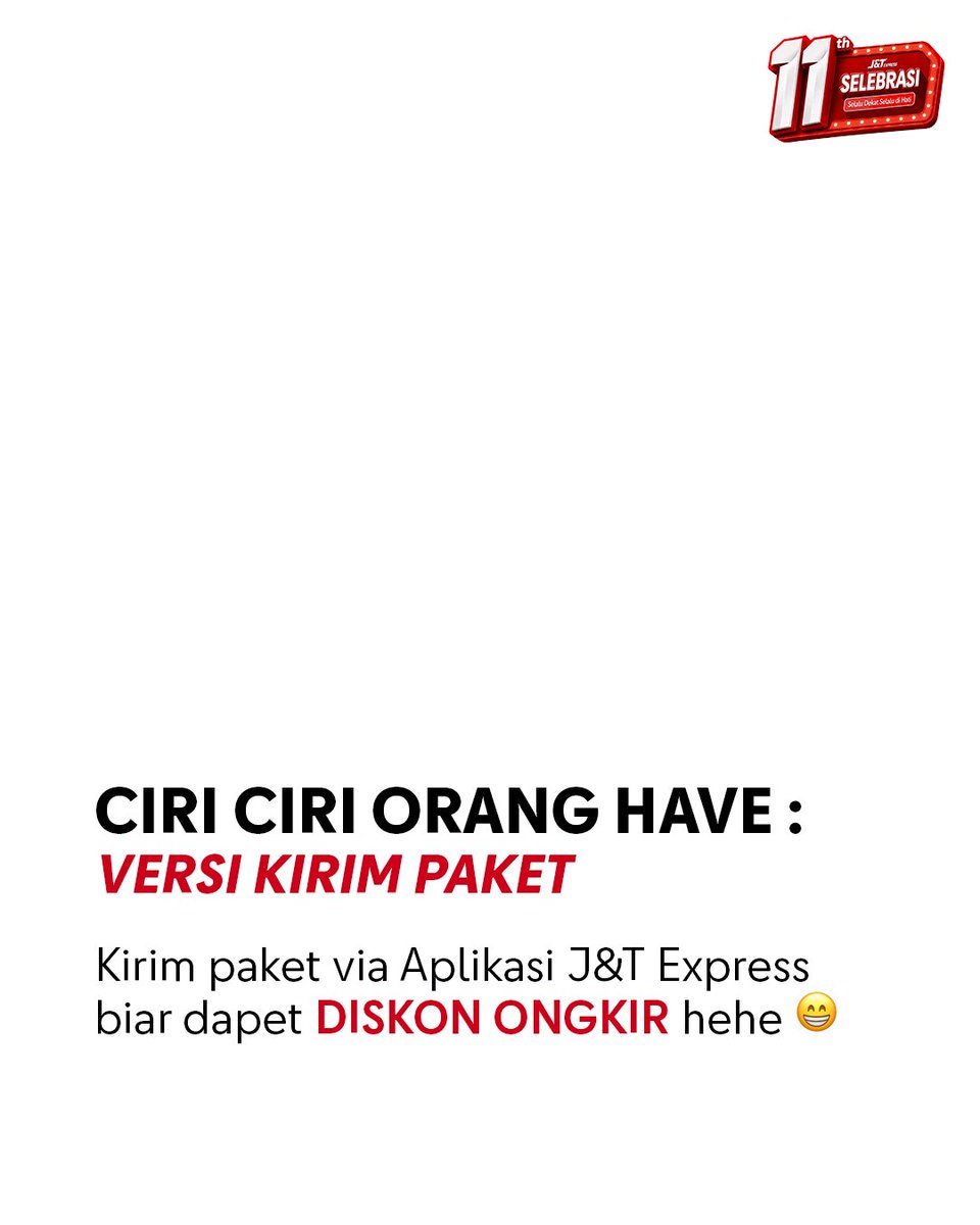 jntexpressid's tweet photo. Orang have tuh gak flexing...
tapiii mereka diem-diem udah pake aplikasi J&T Express 🤭🤭

📦 Pick-up paket ? Tinggal klik
💸 Diskon ongkir? Pasti ada dongg
📋 Kirim paket ke banyak alamat? Pakai Mass Order

Karena yang #PalingPraktis cuma ada di aplikasi J&T Express. 📦

#jntexpressid #jntdekatdihati #Selebrasi11TahunJNT