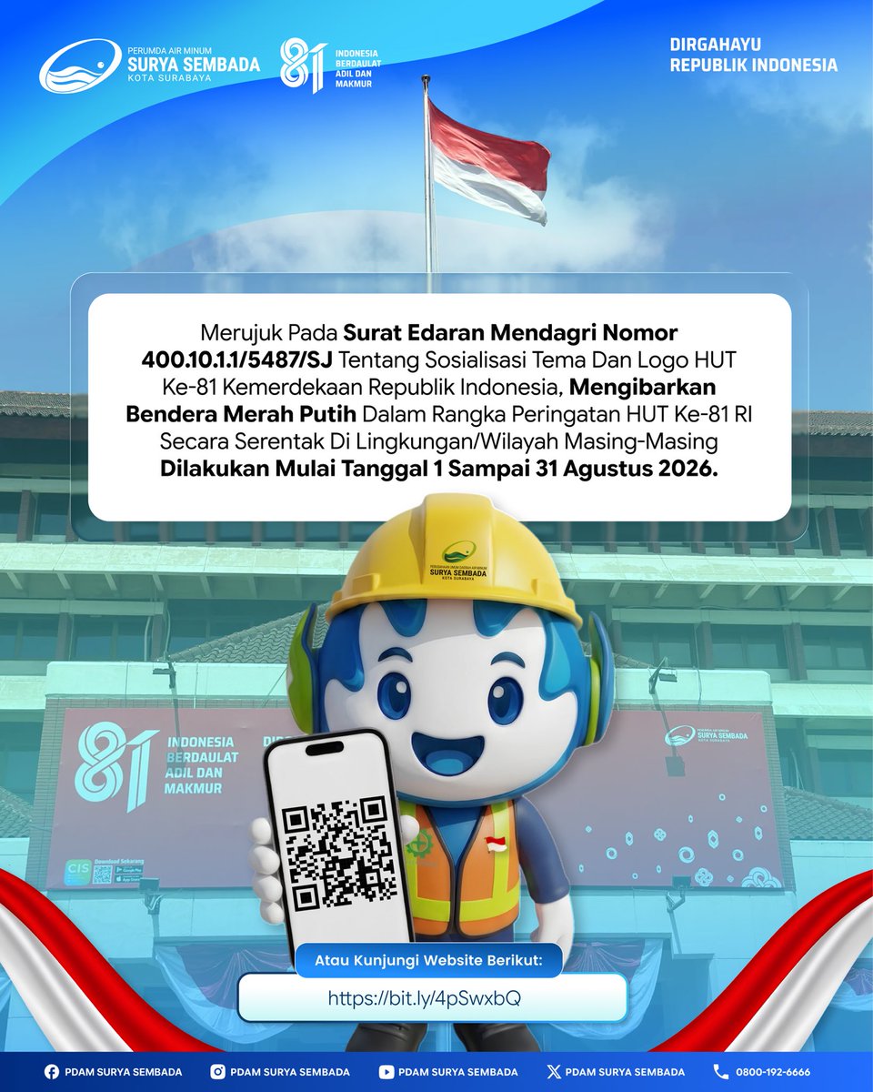 PDAMSurabaya's tweet photo. 🇮🇩 𝗞𝗜𝗕𝗔𝗥𝗞𝗔𝗡 𝗕𝗘𝗡𝗗𝗘𝗥𝗔 𝗠𝗘𝗥𝗔𝗛 𝗣𝗨𝗧𝗜𝗛! 🇮🇩

📲 Unduh informasi selengkapnya melalui QR Code pada gambar atau kunjungi: https://t.co/IEEOA4qGfG

#PDAMSuryaSembada #beritapdamsby #HUTRI81 #MerahPutih #DirgahayuRI https://t.co/4GYEl4Fj8j