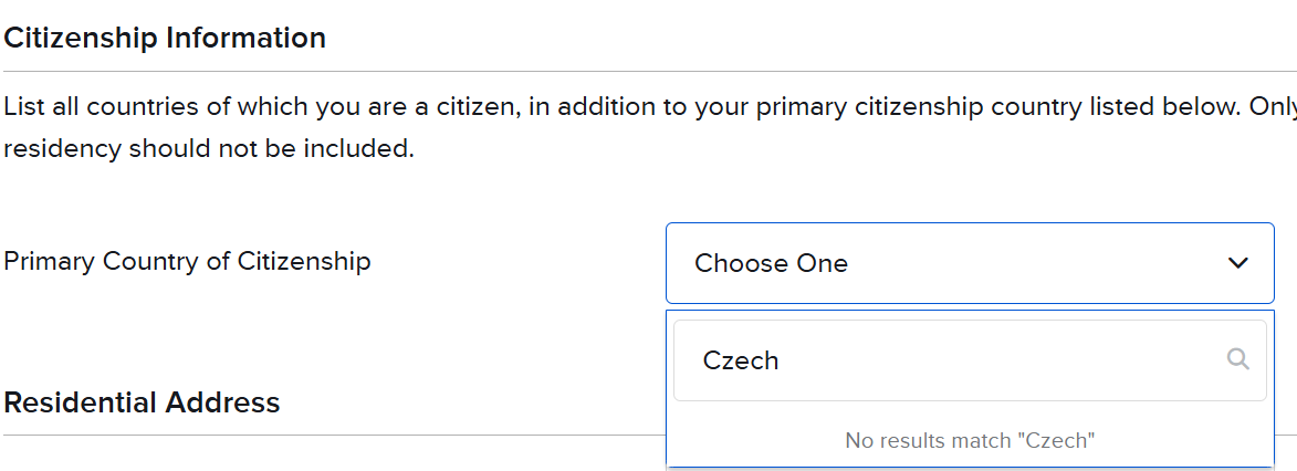 Denis_Dubsky's tweet photo. @IBKR Can you help me with this? I can't proceed to finish your Annual information review since there is no way I can input a country. Tried different devices, browsers, etc. Even if I try to type another countries, nothing. https://t.co/sn44AhqmQP
