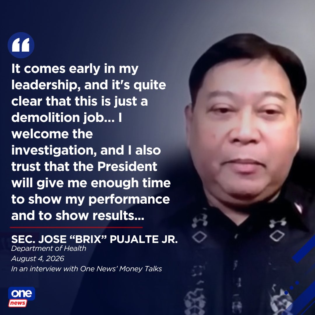 cathyyang's tweet photo. DEMOLITION JOB? 

Health Secretary Jose "Brix" Pujalte Jr. described the complaint linking him to gambling as a "demolition job," saying it came just weeks into his leadership of the Department of Health.

Speaking on One News' Money Talks, Pujalte said he welcomes an investigation and is confident President Ferdinand Marcos Jr. will give him enough time to demonstrate his performance and deliver results at the agency.

📷: One News
 WATCH: https://t.co/CUqOhXXS3E