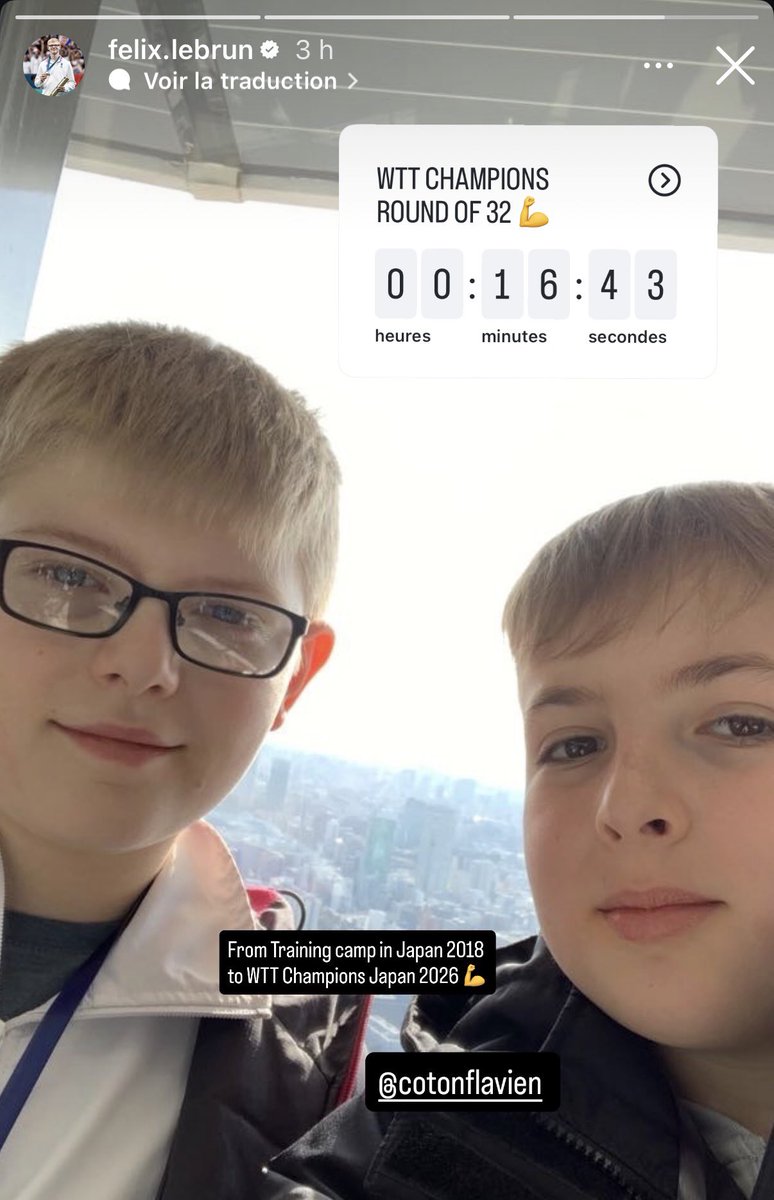 ChoAllez's tweet photo. 📱 La story de Félix Lebrun juste avant d’affronter Flavien Coton 👶

« Du camp d’entraînement au Japon en 2018 au WTT Champions Japon 2026 » https://t.co/3kEtH2lJdT