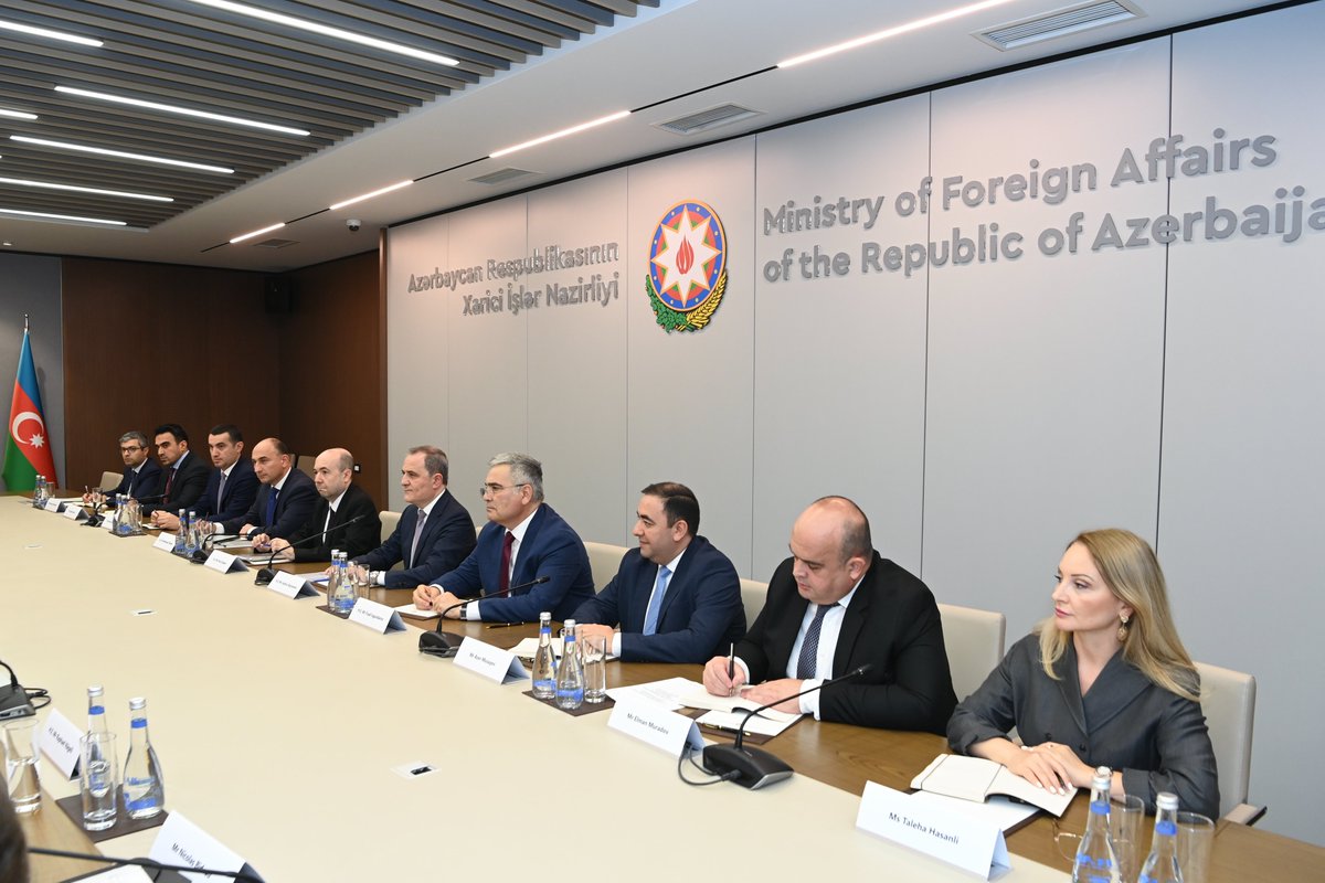 AzerbaijanMFA's tweet photo. The Minister of Foreign Affairs of the Republic of #Azerbaijan Jeyhun Bayramov had an expanded format meeting with the Federal Councillor and Head of the Federal Department of Foreign Affairs of the #SwissConfederation🇨🇭, Chairperson-in-Office of the OSCE Ignazio Cassis, who is on an official visit to Azerbaijan🇦🇿.
 
The Ministers discussed the Azerbaijan-Switzerland bilateral agenda, the priorities of Switzerland's Chairpersonship of the OSCE, the current state and future prospects of Azerbaijan-OSCE cooperation, as well as the post-conflict situation in the region and the Azerbaijan-Armenia normalization process.
 
The Ministers noted that next year Azerbaijan and Switzerland will mark the 35th anniversary of the establishment of diplomatic relations, describing this important milestone as an opportunity to reflect on the partnership developed over the past three and a half decades.
 
The sides noted the importance of maintaining high-level contacts and regular political consultations between the Ministries of Foreign Affairs. In this regard, they underlined the significance of the latest round of political consultations held in Baku in April this year and highlighted the importance of continuing this mechanism on a regular basis.
 
Discussions focused on expanding economic cooperation, including through the activities of the Joint Commission on Trade and Economic Cooperation.
 
The role of the energy sector as one of the key pillars of bilateral economic relations was highlighted. In this regard, the successful operations of SOCAR Energy in Switzerland were noted as an important example of mutually beneficial cooperation.
 
The Ministers also underscored the importance of enhancing cooperation in the fields of culture, education, and science to further strengthen people-to-people ties.
 
Particular attention was paid to Switzerland's priorities as Chairperson-in-Office of the OSCE. Azerbaijan welcomed the Chairpersonship's focus on science and diplomacy, innovative technologies, water resource management, energy security, and digital security, stressing the importance of these areas in addressing contemporary challenges.
 
Minister Jeyhun Bayramov noted that, against the backdrop of the increasingly complex security environment across the OSCE region, the Organization should make full use of its comprehensive security concept and broad geographical membership in order to preserve its relevance and role in addressing regional security issues. He reaffirmed Azerbaijan's support for effective multilateralism based on the principles of the sovereign equality of participating States, mutual respect, inclusive dialogue, and consensus.
 
Addressing the Armenia–Azerbaijan normalization process, Minister Jeyhun Bayramov informed his counterpart about the current stage of the peace process, the de facto peace established between the two countries, and the confidence-building measures undertaken. He emphasized that the progress achieved through the bilateral format once again demonstrates the effectiveness of this approach.
 
Regarding cooperation with the OSCE, Minister Jeyhun Bayramov reaffirmed Azerbaijan's readiness to continue practical cooperation with the Organization in areas of mutual interest where the OSCE possesses relevant expertise and can provide added value.
 
Minister Jeyhun Bayramov also drew attention to the large-scale contamination of Azerbaijan's territories with landmines and other explosive remnants of war, describing it as one of the country's most pressing humanitarian challenges. He underlined the importance of practical support from the OSCE, within its mandate and capabilities, in addressing this issue.
 
During the meeting, views were exchanged on the situation surrounding Ukraine, developments in the Middle East, and other regional and international security issues.