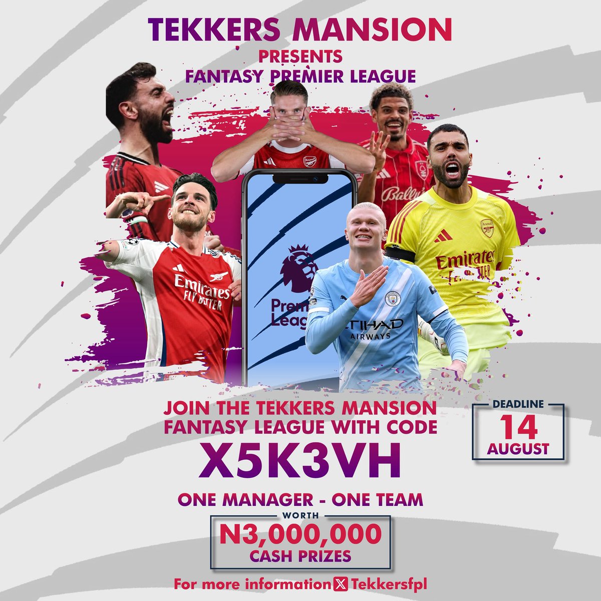 Tekkersfpl's tweet photo. TEKKERS FPL 2026/27 REGISTRATION IS NOW LIVE

Nigeria’s biggest FREE-entry FPL community is back!

💰 ₦3,000,000 Cash Prize Pool

Powered by @TekkersMansion &amp; @obilumani.

📌 Registration form &amp; WhatsApp link in the thread.

🔑 League Code: X5K3VH

#FPL #FantasyPremierLeague https://t.co/PVIoe6x1ka