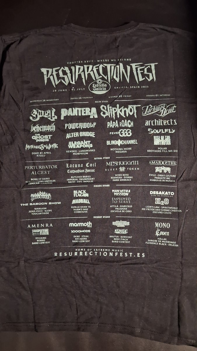DavidGTato's tweet photo. #Metalshirt #ResurrectionFestEG2023
#Powerwolf #ElegantWeapons #Spiritworld #DarkEmbrace #Baest #Ghost #Pantera #Slipknot #ParkwayDrive #YOUCANTHIDE #Desakato #WindRose #BornOfOsiris #LacunaCoil #Evile #Belphegor #Behemoth #AlterBridge #ButcherBabies #Nervosa #Meshuggah #Sylvaine https://t.co/JbbSzwyrA0