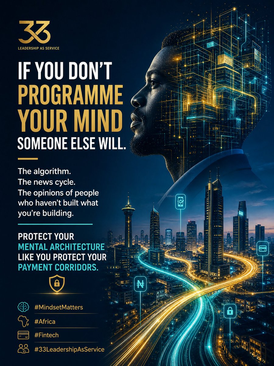 Olaniyi_Alabi_'s tweet photo. If you don't programme your mind  someone else will.

The algorithm. The news cycle. The opinions of people who haven't built what you're building.

Protect your mental architecture like you protect your payment corridors.
#MindsetMatters #Africa #Fintech #33LeadershipAsService https://t.co/oh3ahE0lO7