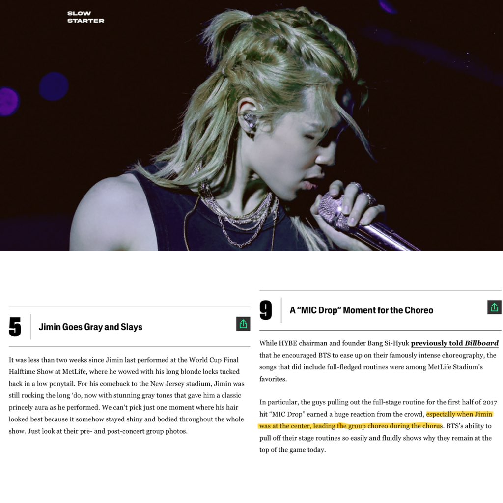 JiminGlobal's tweet photo. Billboard spotlighted Jimin as one of the standout highlights from BTS’ MetLife Stadium concert, praising the electrifying moment he took center stage to lead the group’s choreography during “MIC Drop” and highlighting his stunning gray hair, which gave him a “classic princely aura.” 🔥