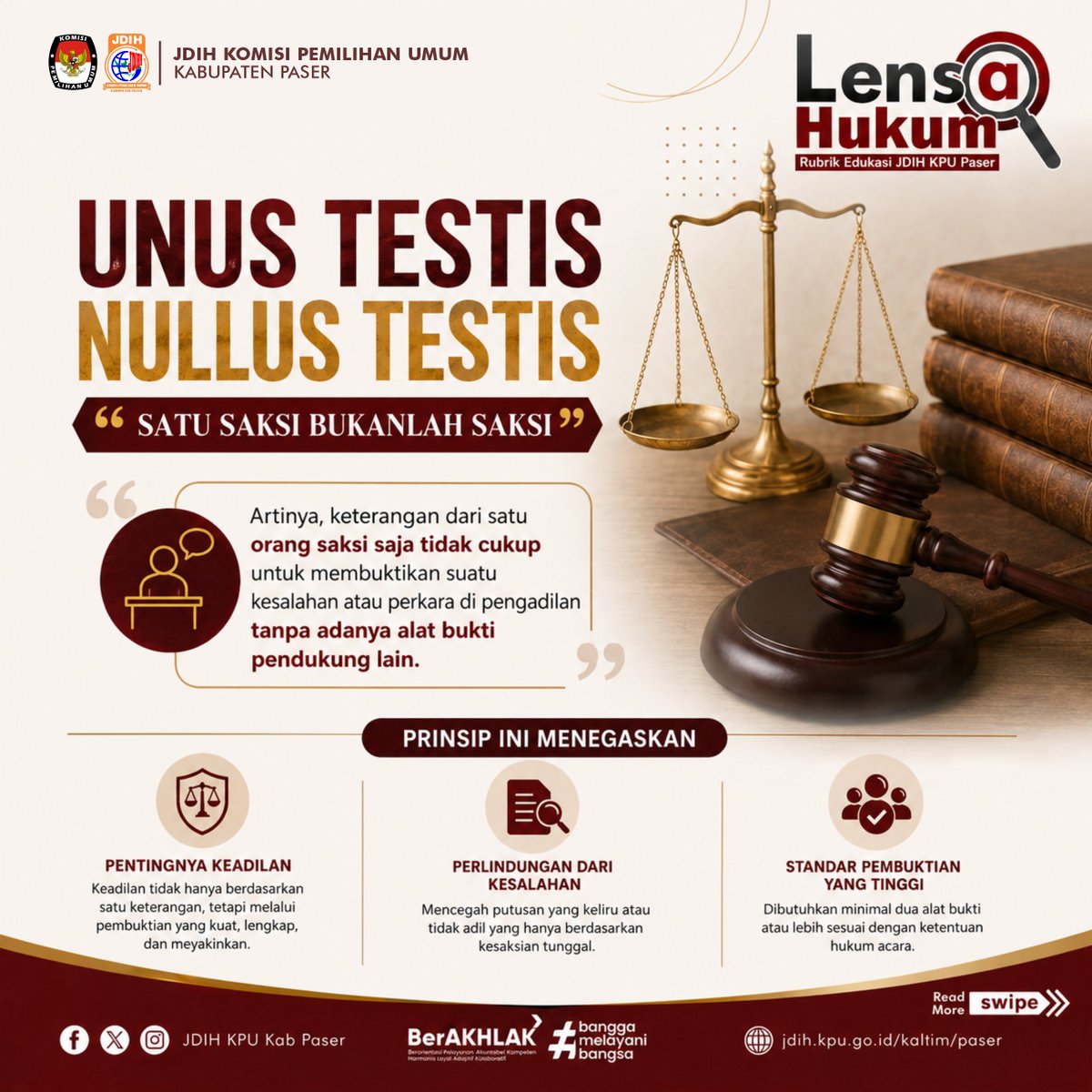 KpuKab62388's tweet photo. MENGENAL ASAS UNUS TESTIS NULLUS TESTIS DALAM PEMILU

Halo, #SobatLensaHukum 👋
Unus Testis Nullus Testis berarti "satu saksi bukanlah saksi." Artinya, keterangan satu orang saksi saja belum cukup untuk membuktikan suatu pelanggaran atau sengketa pemilu tanpa didukung alat bukti https://t.co/VECojuJa2D