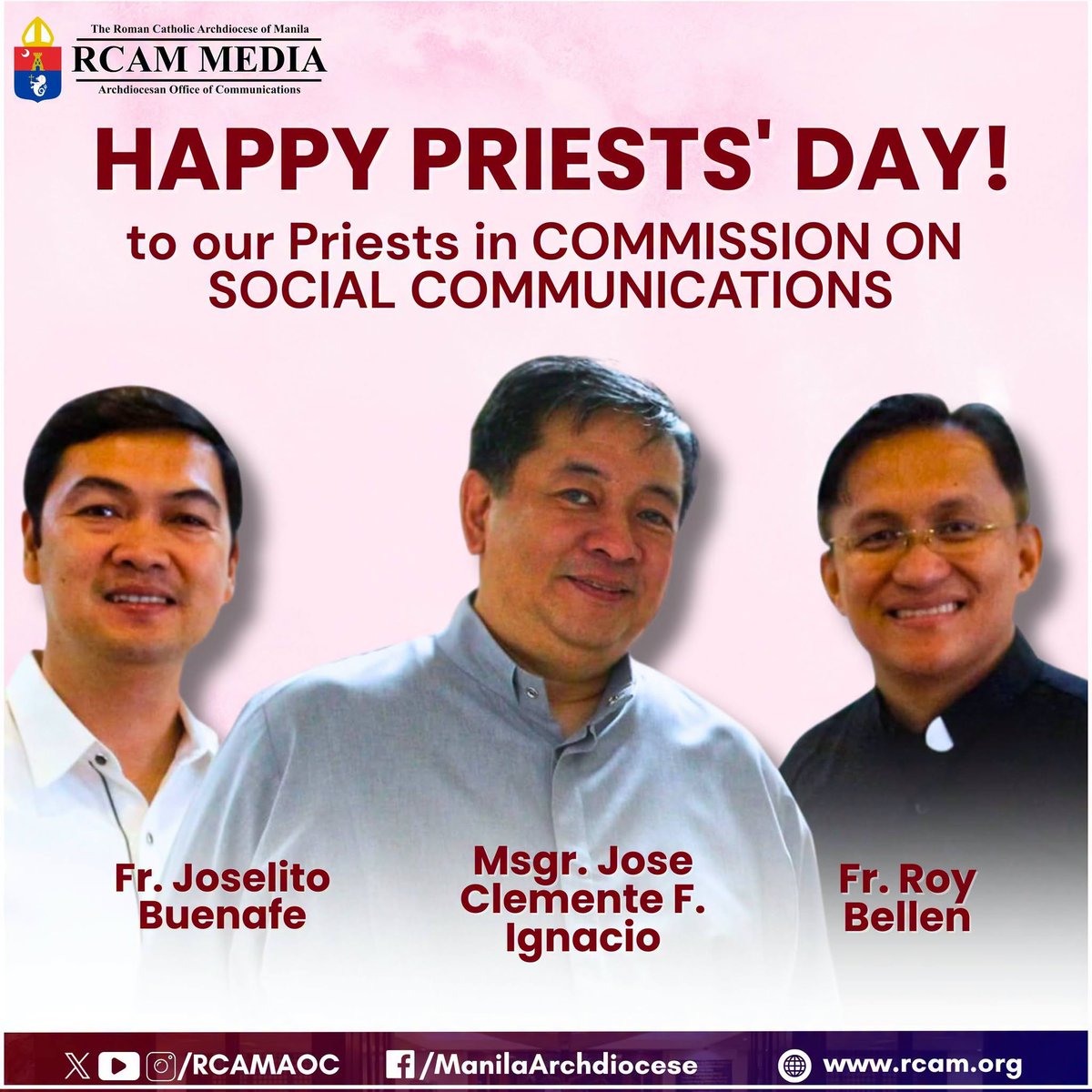 rcamaoc's tweet photo. HAPPY PRIESTS' DAY!
Today, we give thanks to God for the gift of our priests in the Commission on Social Communications, whose faithful ministry proclaims the Gospel through every platform
#RCAMMedia #TeamAOC
#ArchdioceseOfManila
#WeAreManila #RCAMSOCOM
#PriestsDay #ManilaClergy https://t.co/QQdgoFkGu1