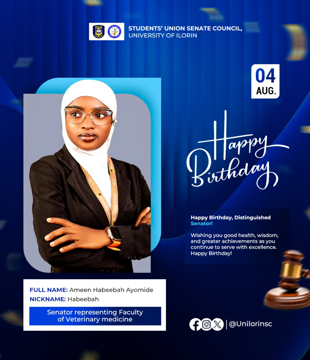 UnilorinSC's tweet photo. Today, the Student Union Senate Council, University of Ilorin (26/27 Academic Session) proudly celebrates one of our distinguished Senators. 
May this new year bring you abundant joy, divine favour, good health, and greater accomplishments. Happy Birthday and many happy returns🎉 https://t.co/IfBDkN1XXh