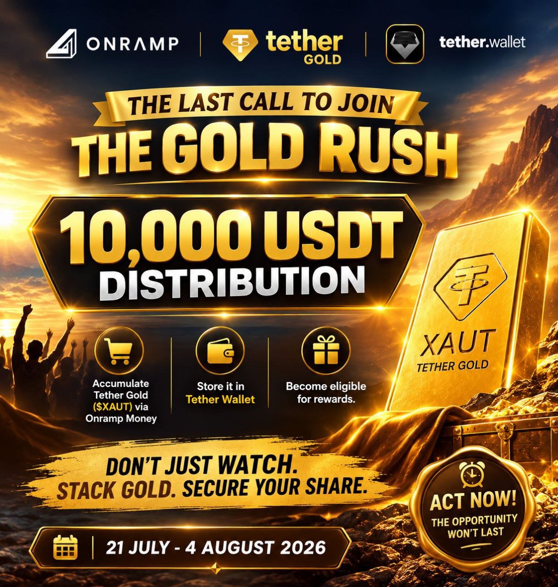 Confi776660's tweet photo. Last call. 👀
Today's your final chance to qualify for the $10,000 USDT campaign.
Just buy and hold $XAUt in your @tetherwallet before it ends. ⏳
@onrampmoney @tethergold https://t.co/hIFNAhVsFD